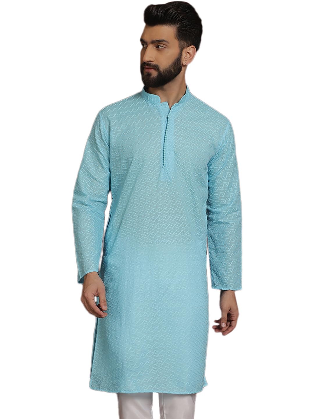 Sojanya (Since 1958 Ethnic Motifs Embroidered Thread Work Pure Cotton Sky Blue Straight Only Kurta