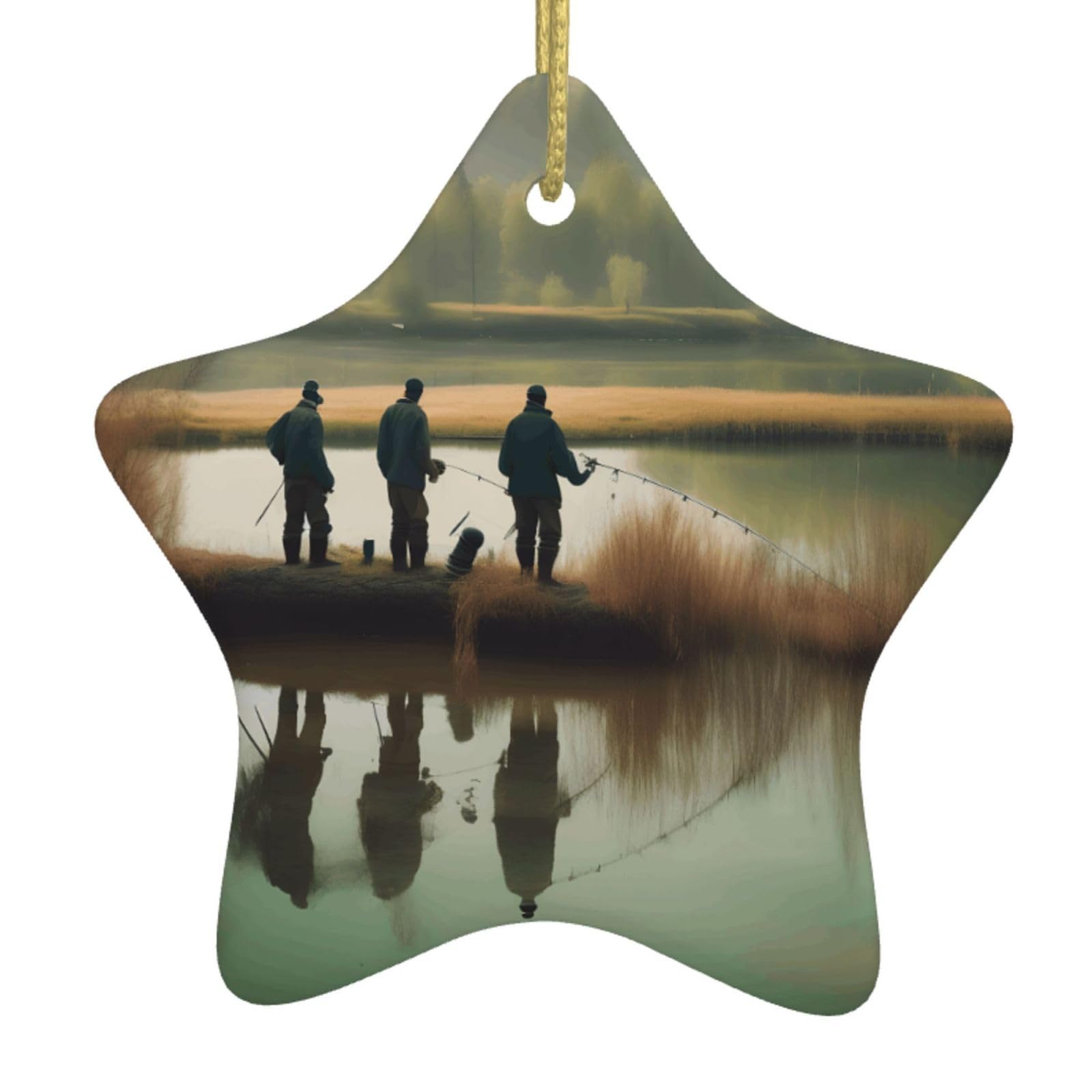 Nbtghga White Fishing Lake Fishermen Print Christmas Ornaments, Ceramic Hanging Ornament, Round Shape Decorations