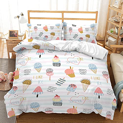 Treer Juego de Ropa de Cama, Kawaii Dibujos Animados Microfibra Juego de Fundas de Edredón Reversible Incluye Funda Nórdica y Funda de Almohada para Familiar y Infantil (220x240cm,Helado)