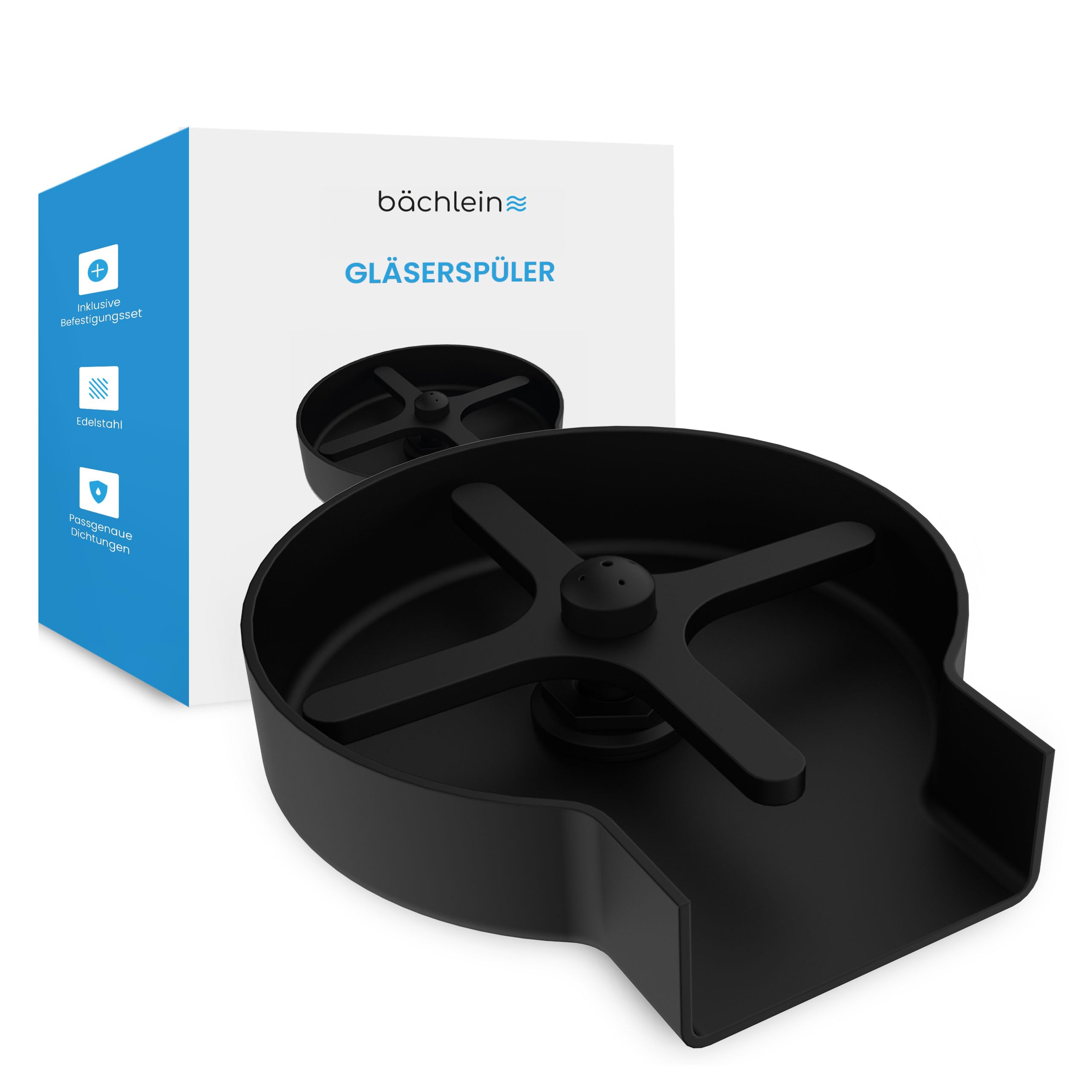 Bächlein Glasreiniger (Matt Schwarz) Glasspüler aus Edelstahl - Gläserdusche inklusive T-Verteiler und Flexschlauch - Automatischer Spüler für die Küche