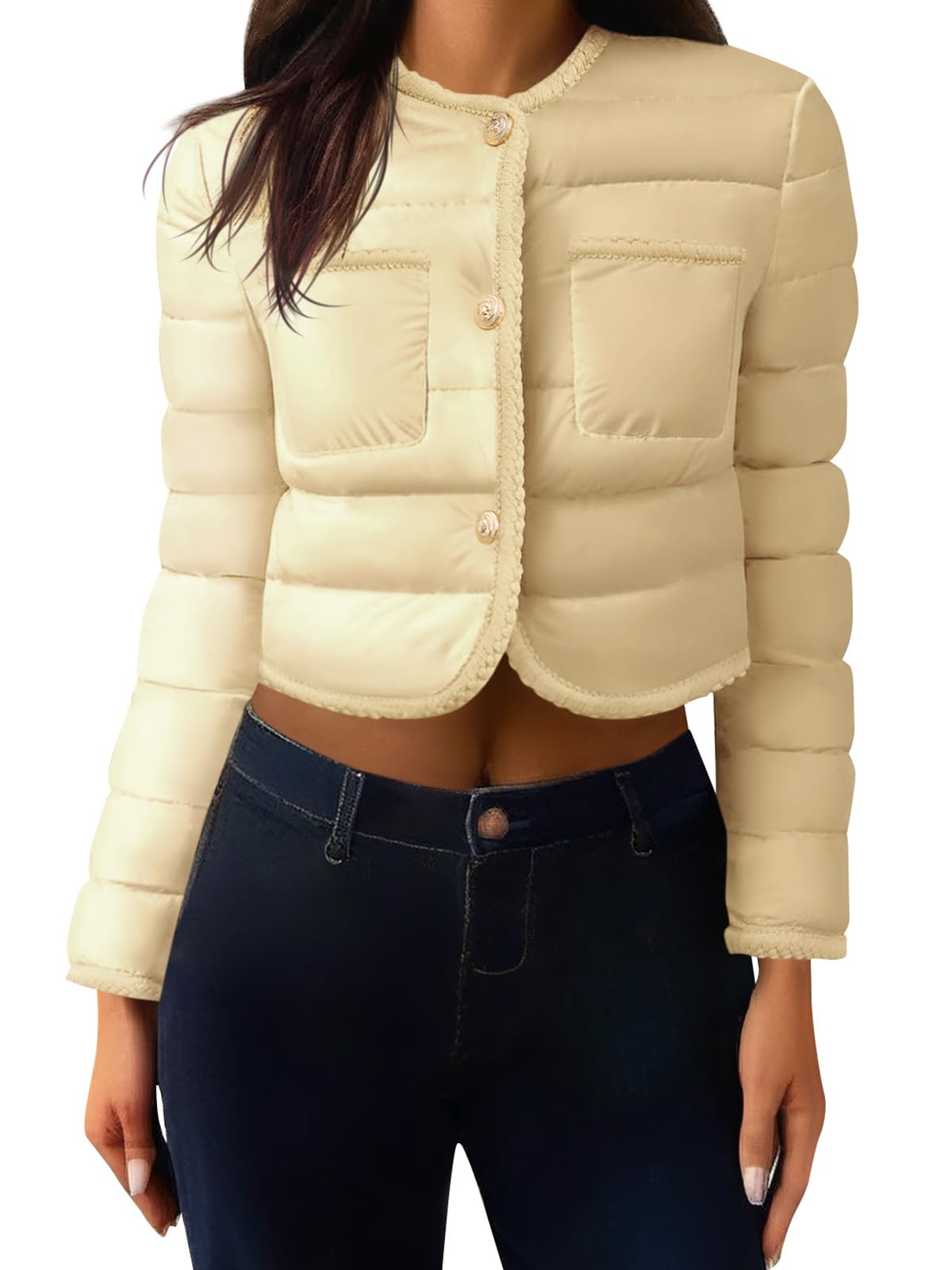 Cicy Bell Womens Cropped Puffer Jackets Quilted Lightweight Collarless Button Down Warm Winter Coats with Pockets