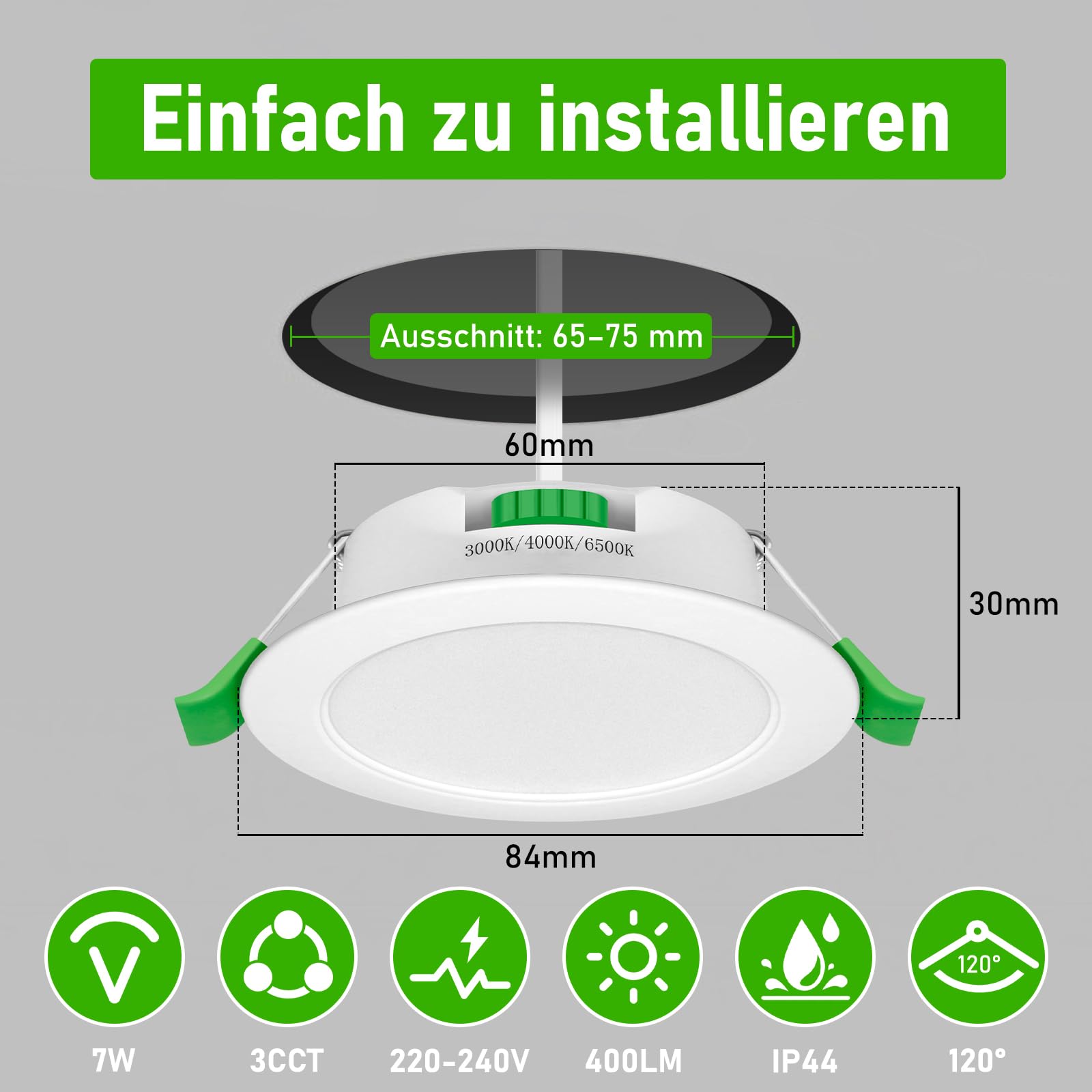 LED Einbaustrahler 230V Dimmbar, 7W Flach 65-75mm Einbauø, 24er Set LED Spot, IP44 Deckenspots Warmweiß Neutralweiß Kaltweiß für Badezimmer, Küche, Wohnzimmer, Flur/Schlafzimmer
