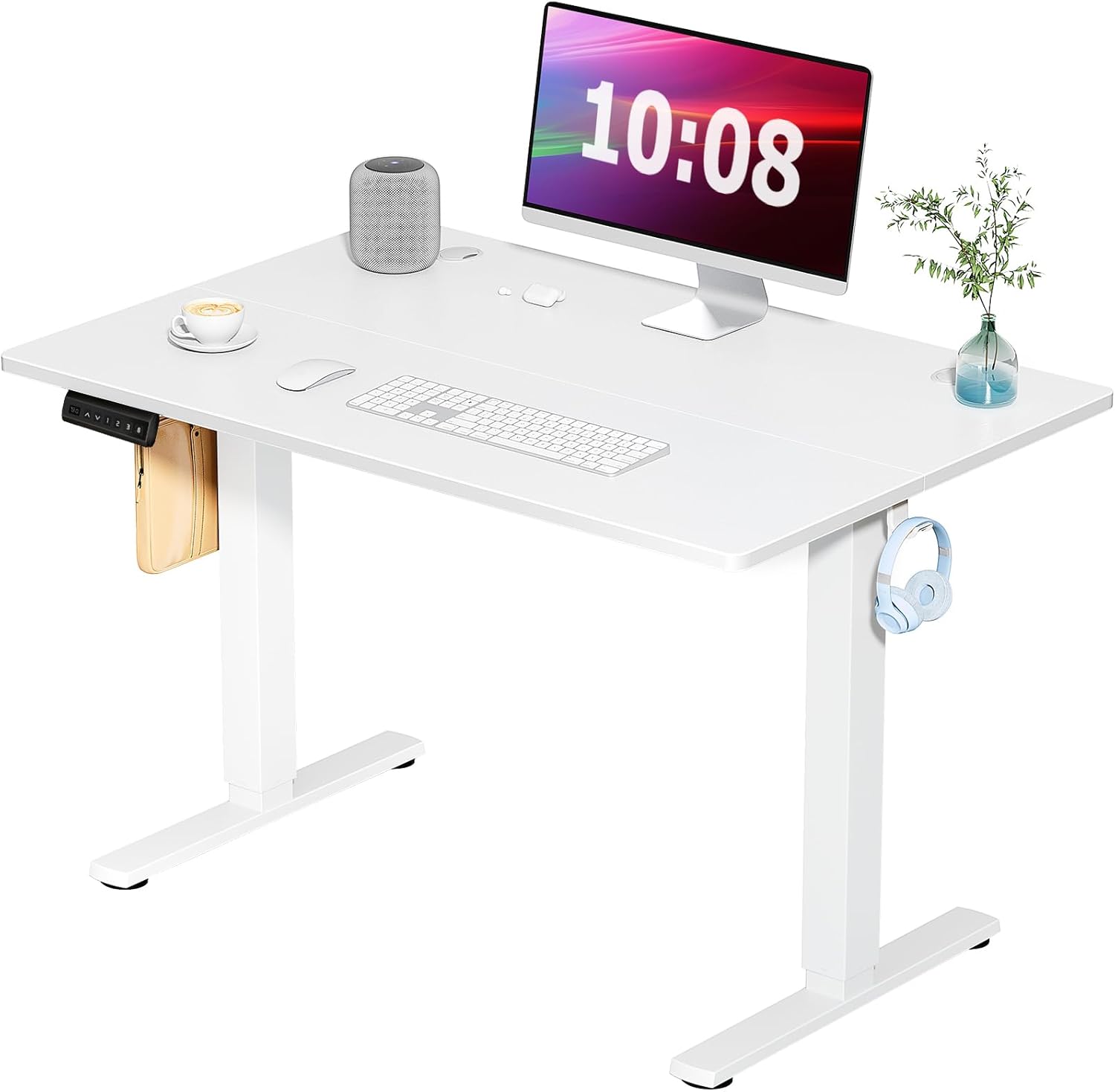 Smug Adjustable Height Standing Desk 40 Inch Electric Sit Stand Up Down Computer Table Ergonomic Rising Modern Lift Motorized Gaming Desktop Workstation for Work Home Office White