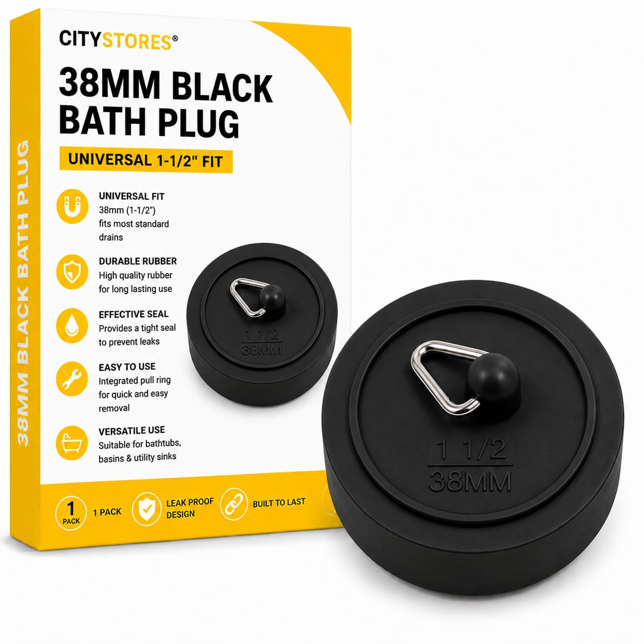 Citystores Black Citystores® 38Mm Bath Plug – Universal Rubber Bath & Basin Plug 1½" (38Mm) Sink Stopper For Bathtubs, Basins & Utility Sinks