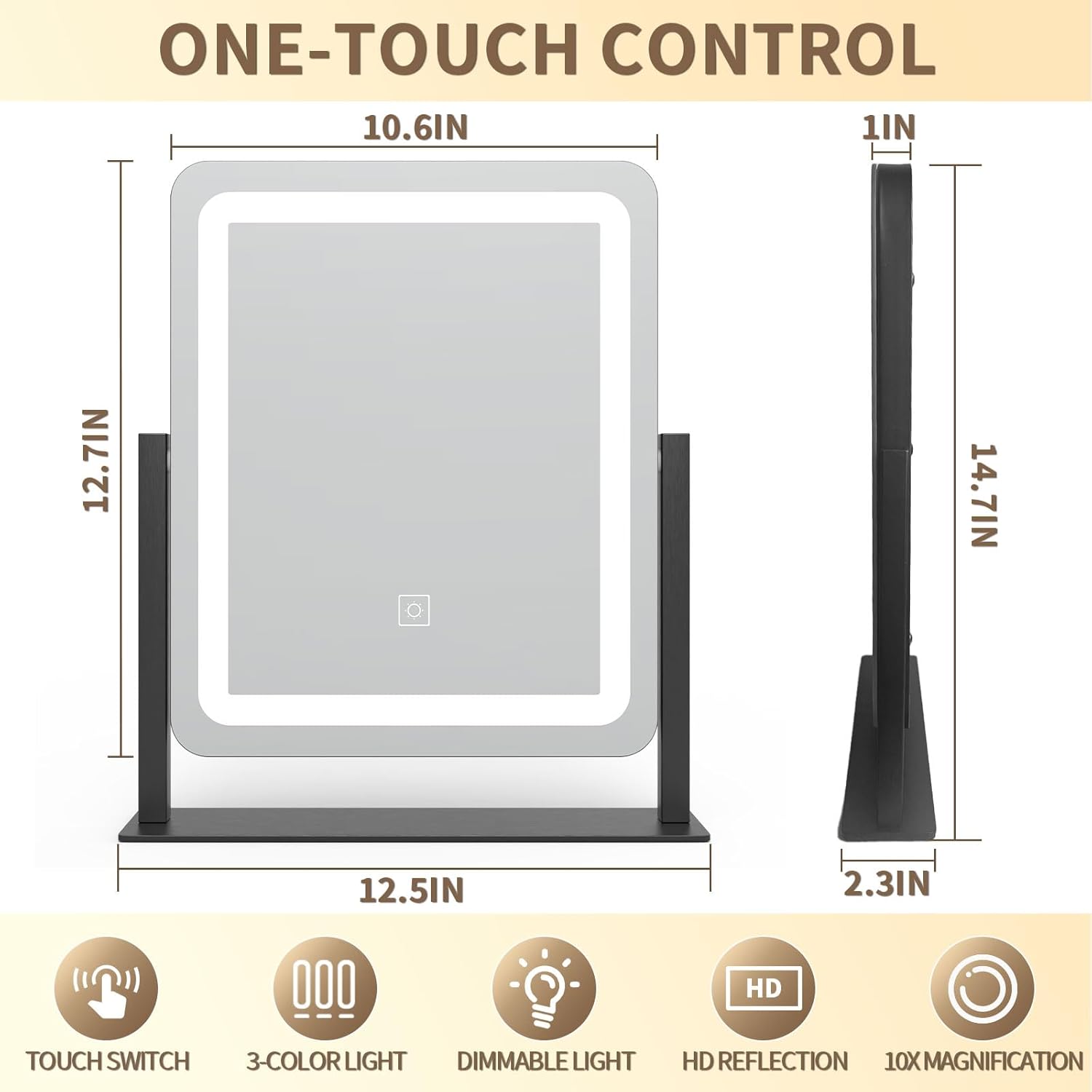 HNV Vanity Mirror with Lights - 15"x13" LED Lighted Makeup Mirror, Dimmable Touch Screen with 3-Color Lighting, 360° Rotation, Black Aluminum Frame for Vanity Desk, Bedroom, Tabletop Black 15"L x 13"W