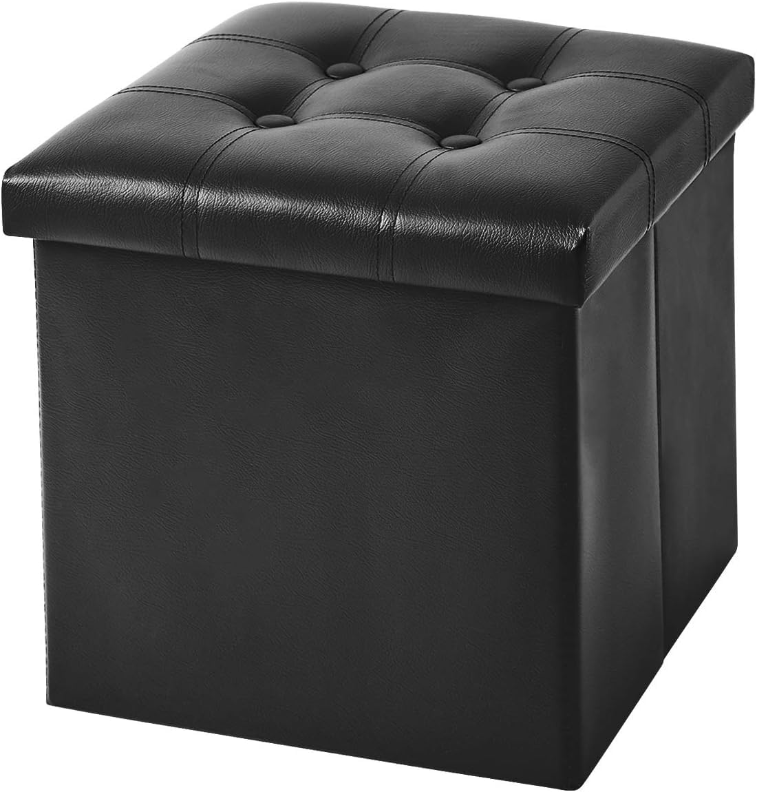 15 inches Folding Storage Ottoman, Cube Storage Boxes Footrest Stool, Small Ottoman with Foam Padded Seat, Support 300lbs (Black, Leather)