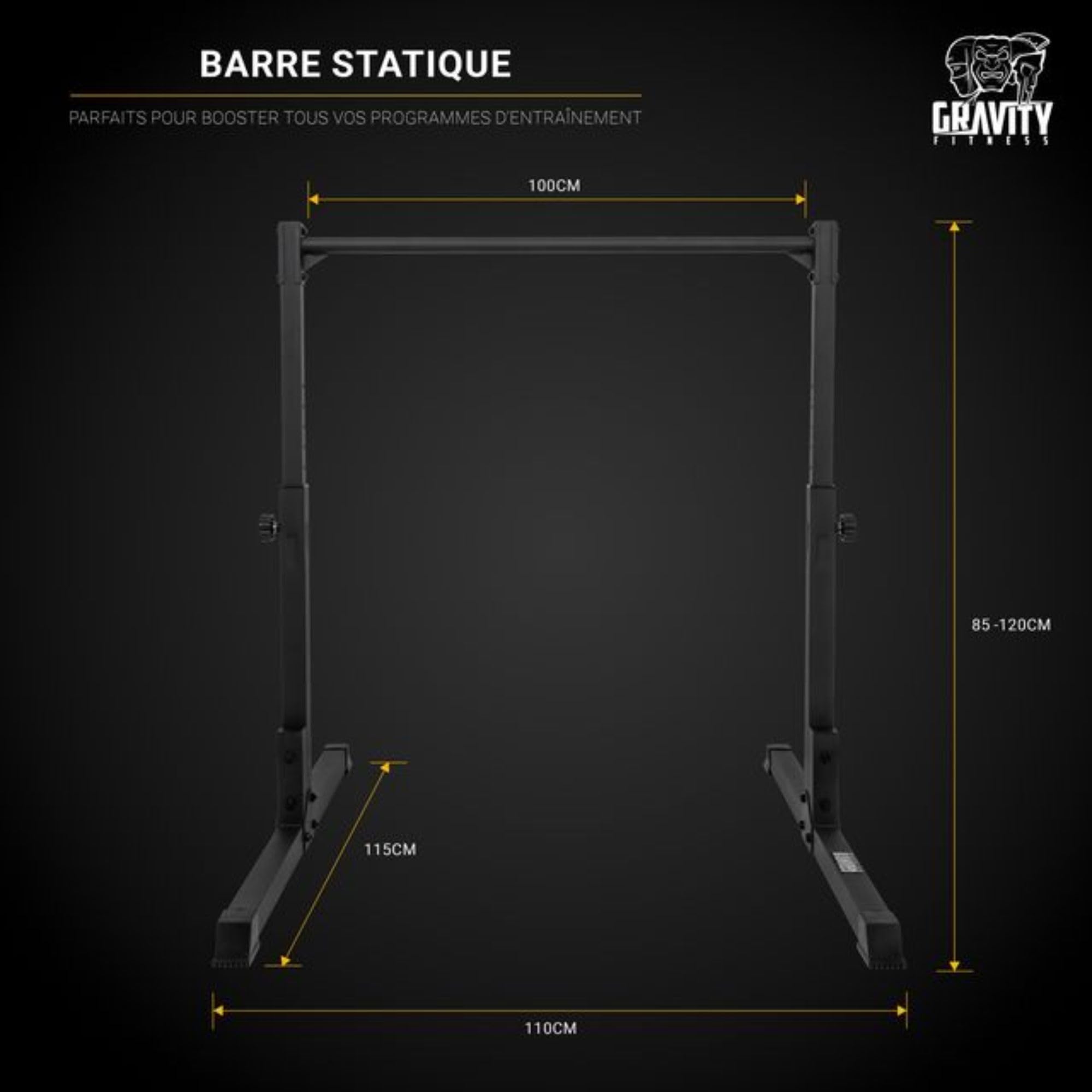 Gravity Fitness Calisthenics Barre Statique - Hauteur Réglable 85-120cm - Support de Fitness Antidérapant pour Home Gym, Bodyweight & Musculation - Gymnastique Pull-Up Bar