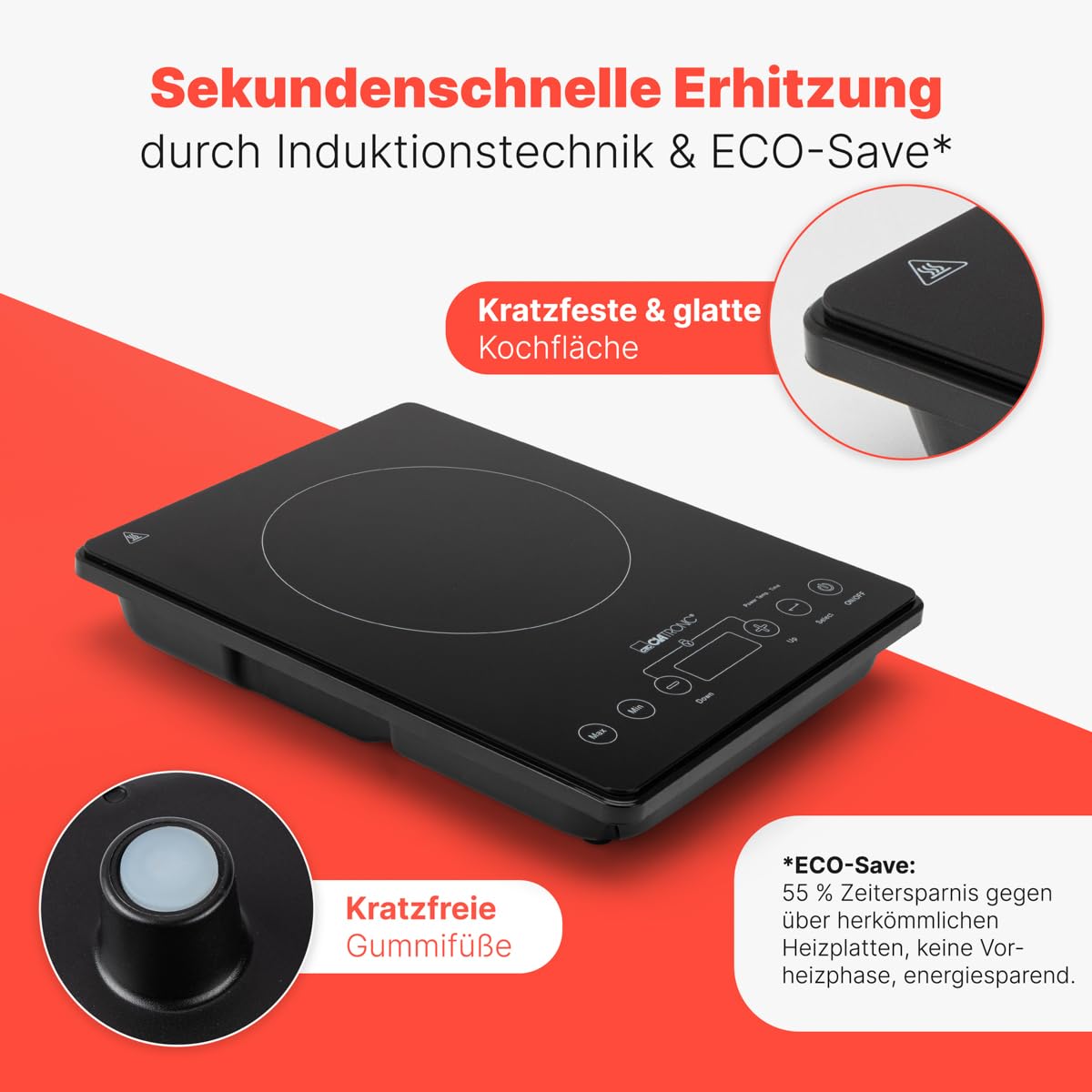 Clatronic® Induktionskochplatte | Kochplatte mit Sekundenschneller Erhitzung durch Induktion | Herd mit ECO-Save für 55% Zeitersparnis | Induktionskochfeld mit automatischer Topferkennung | EKI 3569