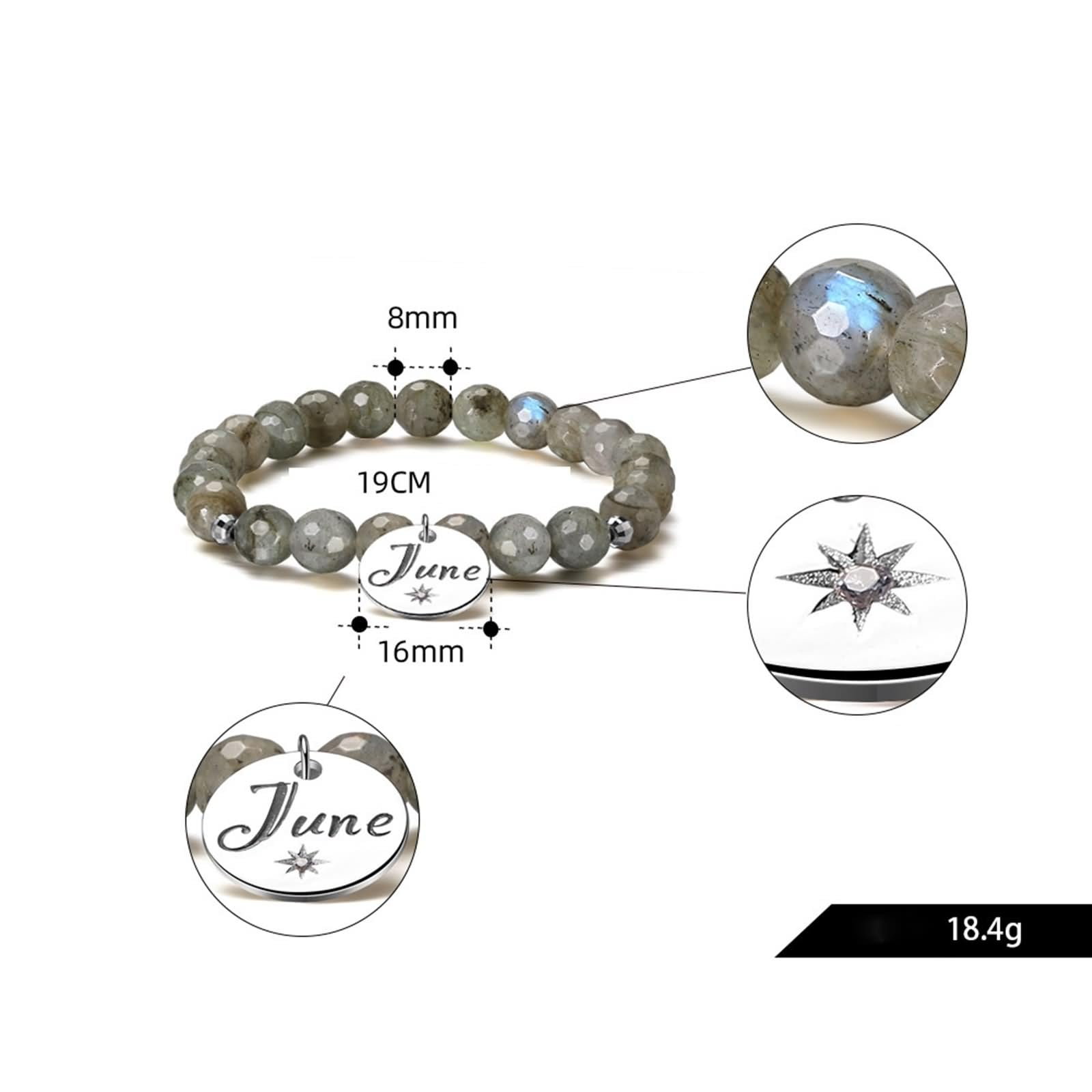 Pulsera de plata de ley, pulsera para mujer, piedra gris de moda con piedra natal de junio, cadena ajustable con circonita cúbica redonda blanca