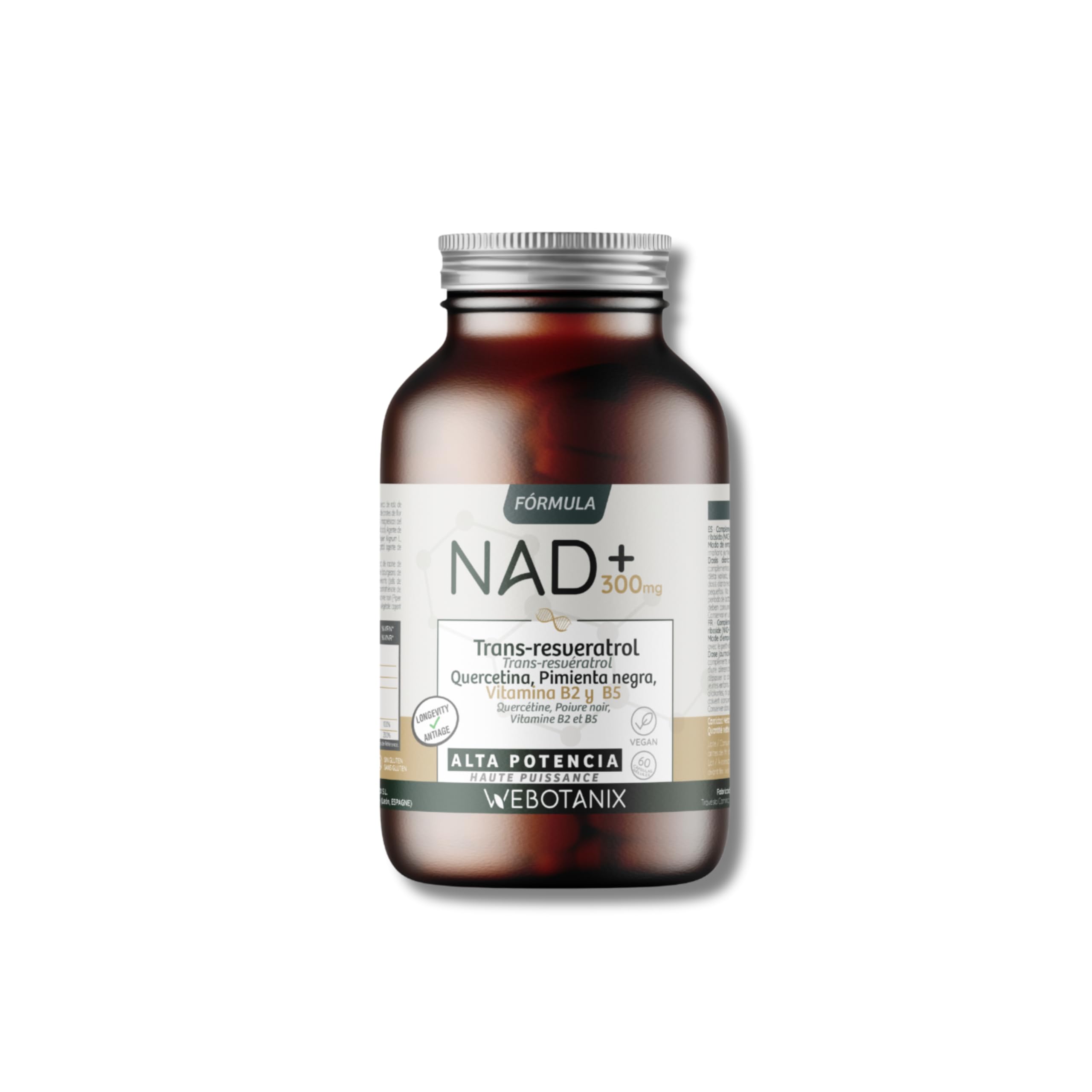 WeBotanix | Formule NAD+ avec Trans-Resvératrol et Quercétine | 60 Gélules | Avec Vitamines B2 et B5 + Pipérine | Énergie Cellulaire, Réparation et Longévité | Sans Gluten | Végan