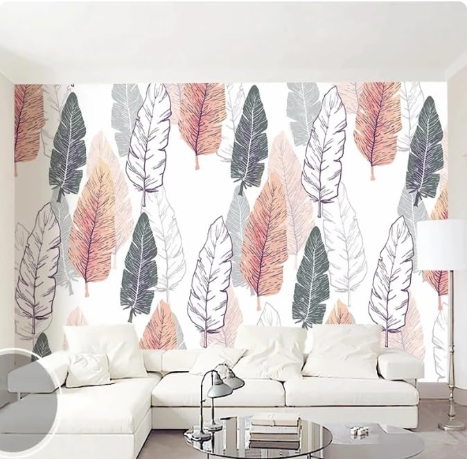 Papier peint photo mural 3D effet peint à la main design plumes et feuilles de luxe
