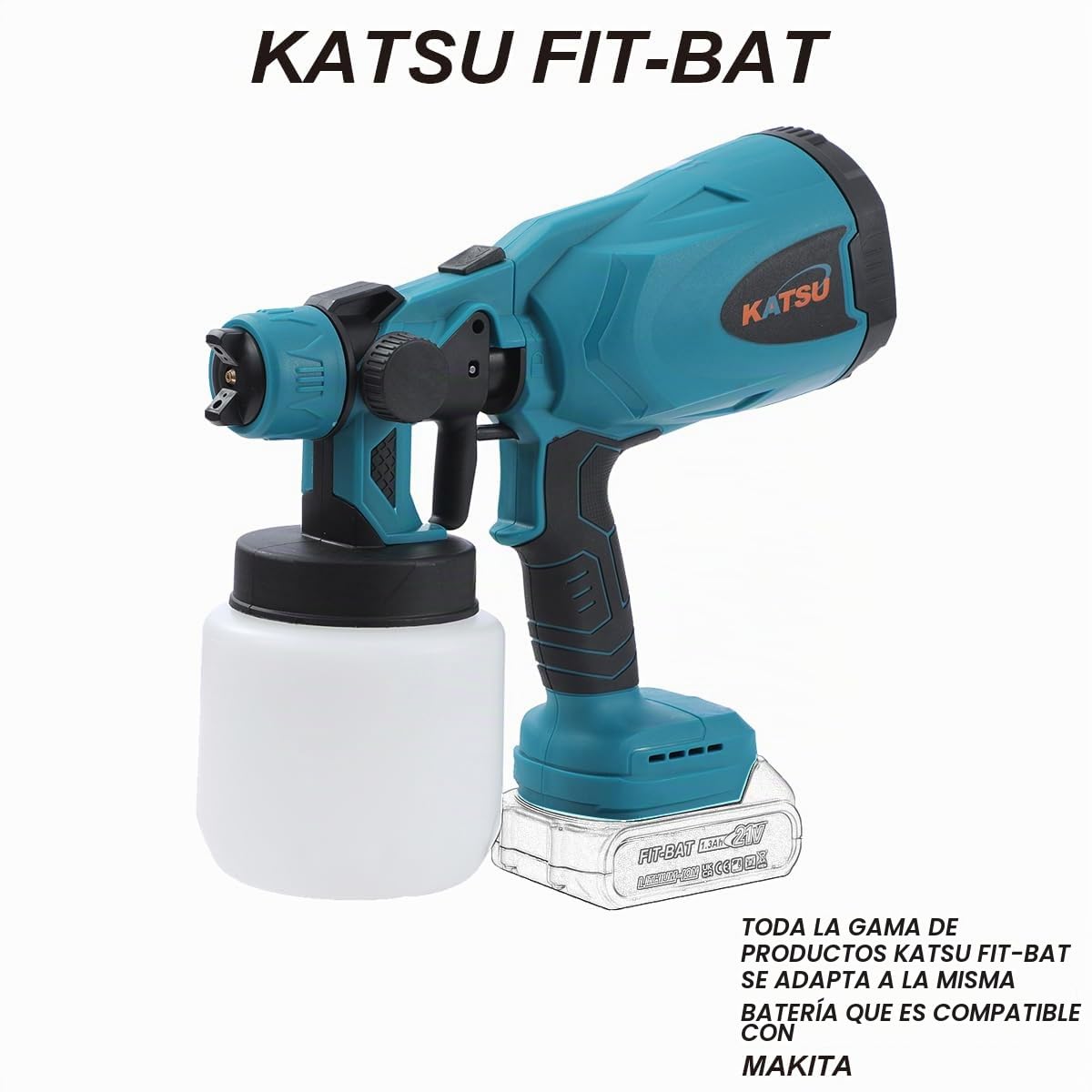 KATSU FIT-Bat 21V Pulverizador de Pintura a Batería 800ml con Boquilla 1,8mm y 2,0mm para Pintar Techos Vallas Paredes Muebles y Tractores, sin Batería ni Cargador