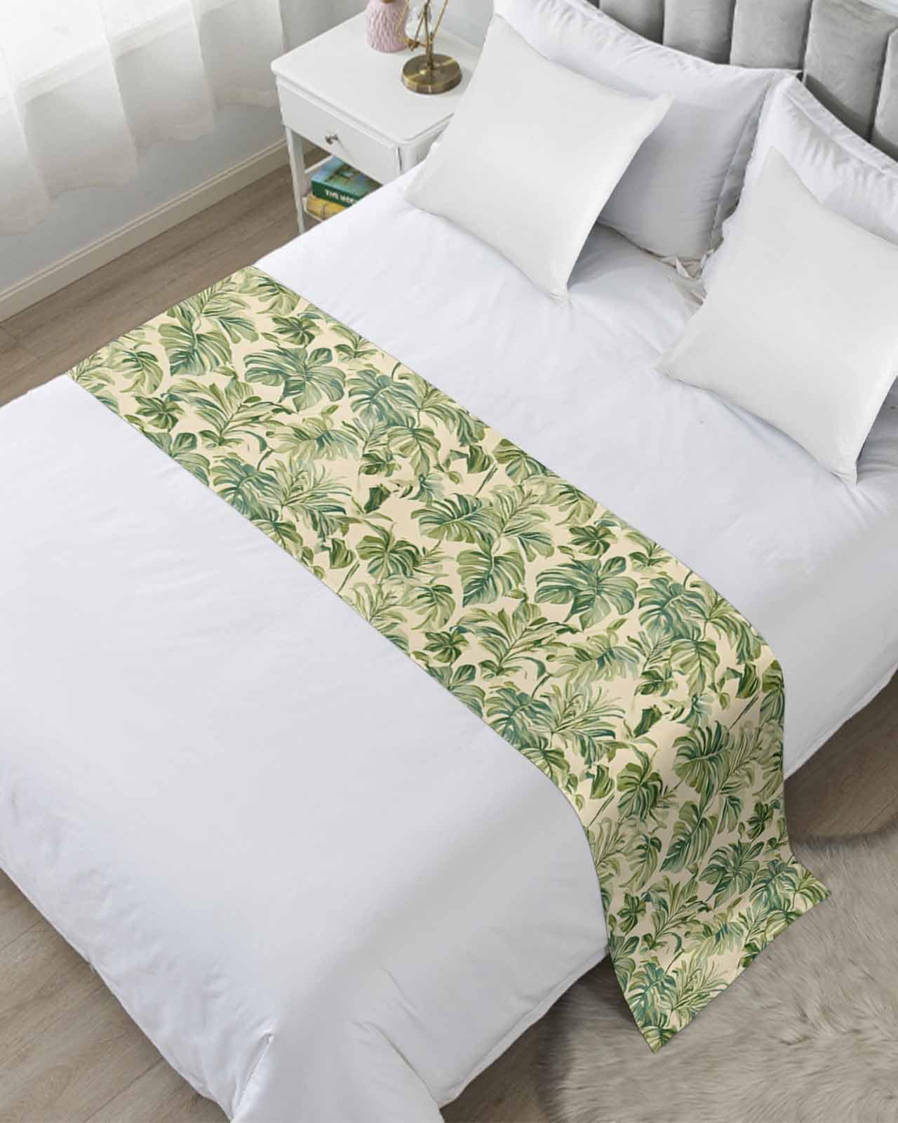 King Bed Runner Summer Green Palm Leaves on Beige Bedding Runner Scarves Decorative Bed Scarf, Tropical Plant Soft Bed Runners for Bedroom Hotel Wedding 102x20IN