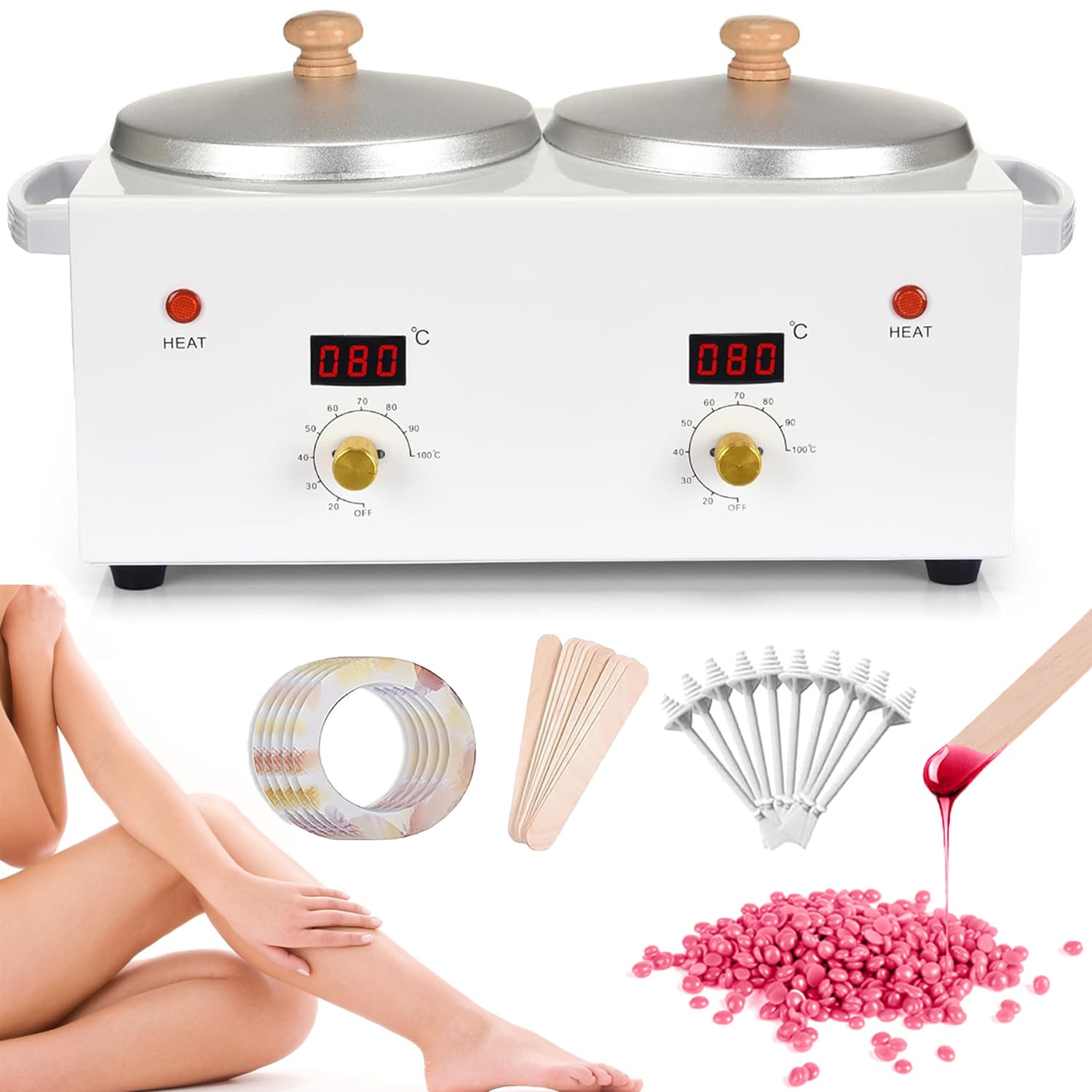 Kit De Depilación De Doble Cera, Cera De La Máquina De Cera con Tazón Y Palitos De Cera Y Palitos De Madera, Kits Profesionales De Cera Caliente, Olla De Calentador De Cera, para Mujeres, Salón