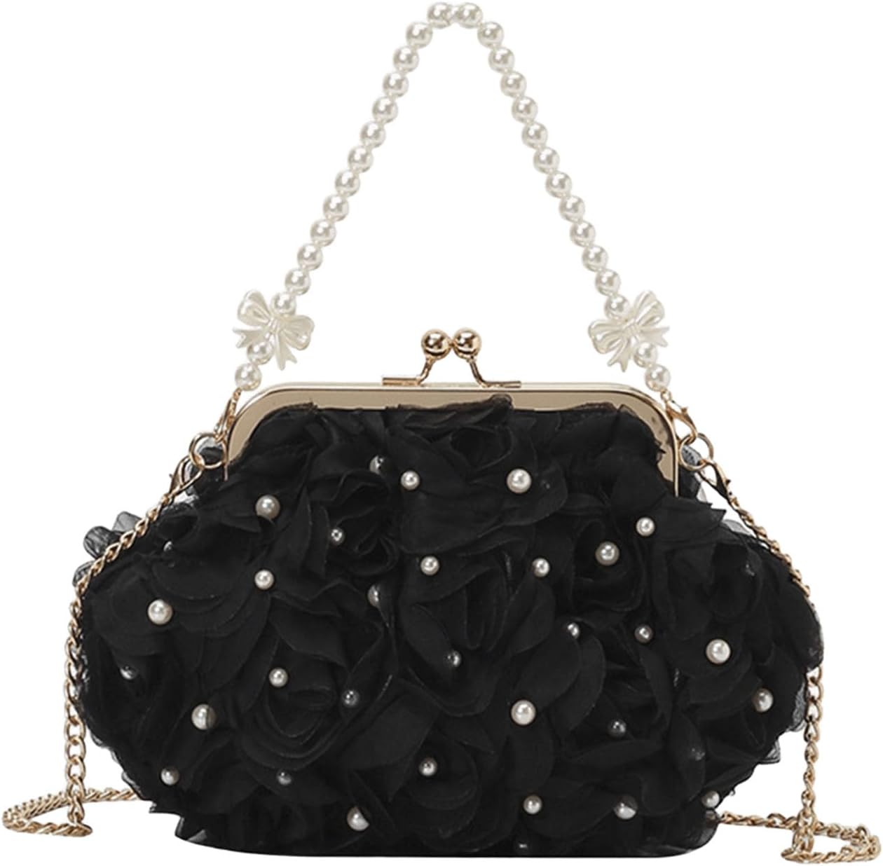 Clutch Purses for Women, Elegant 3D Rose Lace Evening Bag, Vintage Pearl Clutch for Wedding Prom Tea Party