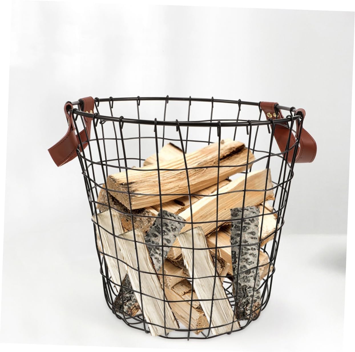 YARNOW Round Metal Firewood Storage Basket with Handle Rustic Iron Firewood Holder for Camping and BBQ Farmhouse Style Wood Storage Bin