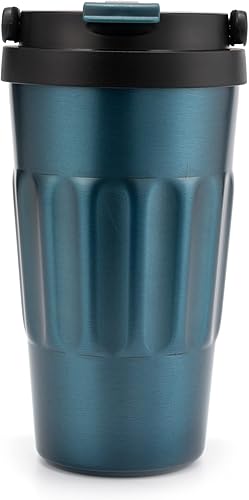 Taza de agua de acero inoxidable, tazas de café reutilizables con tapas, vaso de café de 18 onzas, taza de viaje, taza portátil (azul)