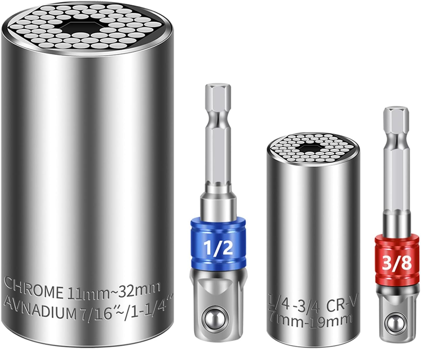 Universal Socket Set (7-19mm 11-32mm) Super Socket For Unscrew Any Bolt Tools with 3/8" 1/2" Power Drill Adapters Super Sockets Multi-function Tool Gift for Dad, Husband and Men 4PCS