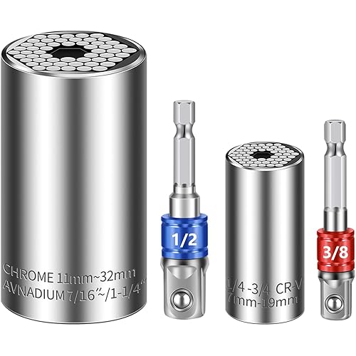 Universal Socket Set (7-19mm 11-32mm) Super Socket For Unscrew Any Bolt Tools with 3/8" 1/2" Power Drill Adapters Super Sockets Multi-function Socket Set Gifts for Dad, Husband and Men 4PCS