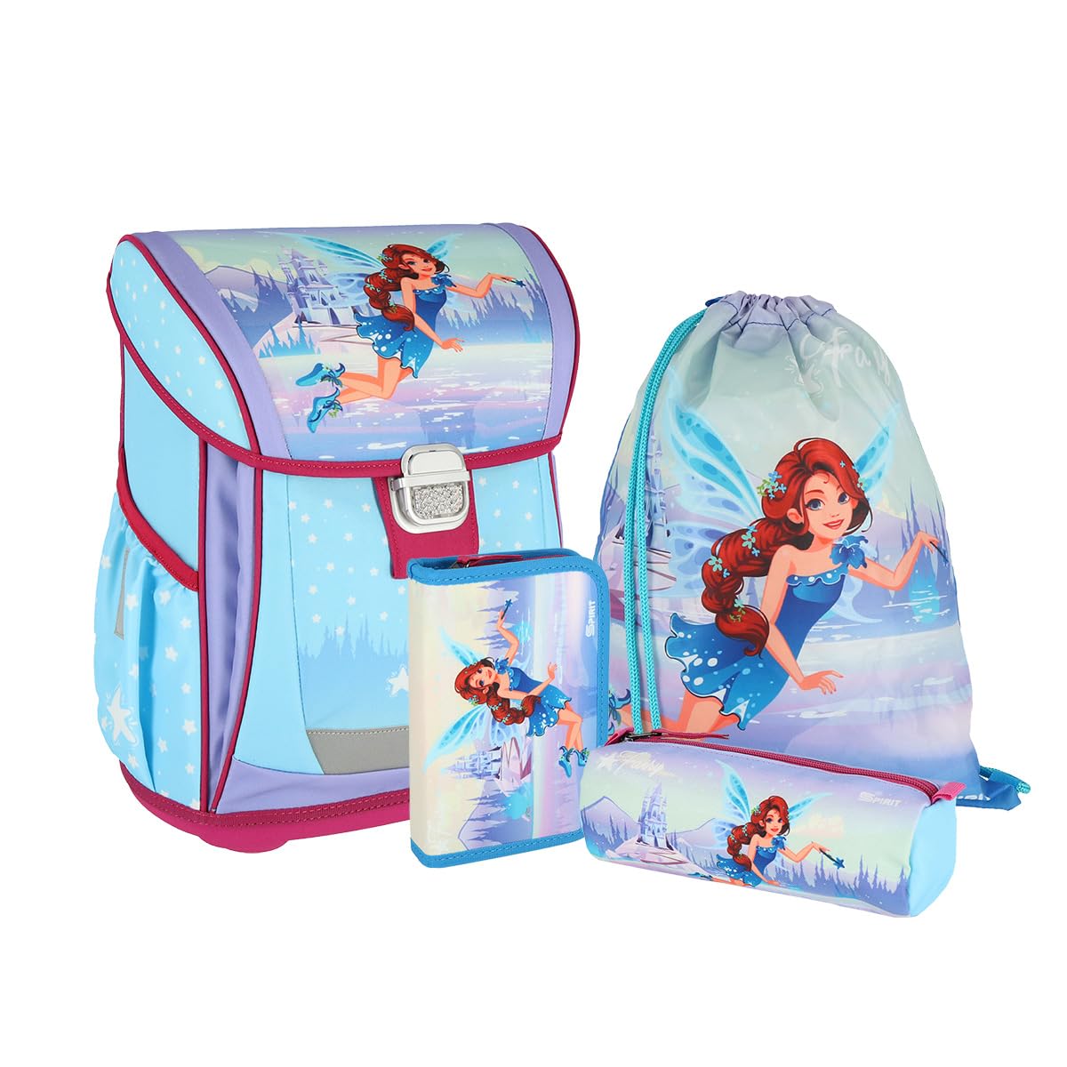 itenga Grundschul Ranzen Set COOL - Schulranzen Set 4 teilig für Jungen und Mädchen mit Mäppchen Faulenzer Turnbeutel (Fee)