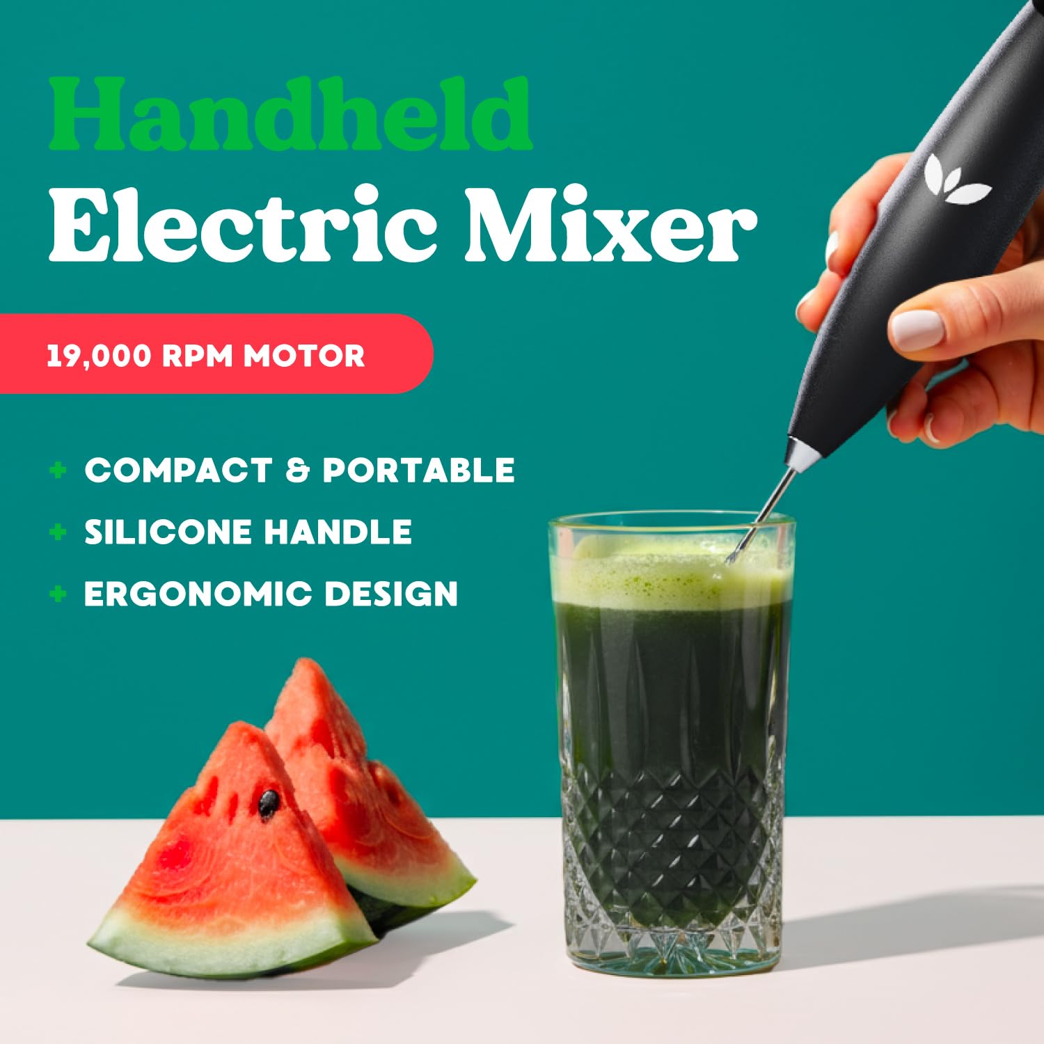 Simply Blossom - Espumador de leche - Mezclador eléctrico de mano y agitador de bebidas - Varita de espuma para verduras, café, matcha, proteínas - Acero inoxidable, funciona con pilas