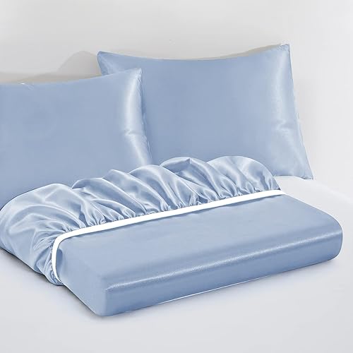 Miniatura 3 de VACVELT Sábana bajera ajustable de satén con bolsillo extra profundo, tamaño matrimonial, color azul bebé, juego de ropa de cama sedosa y 2 fundas
