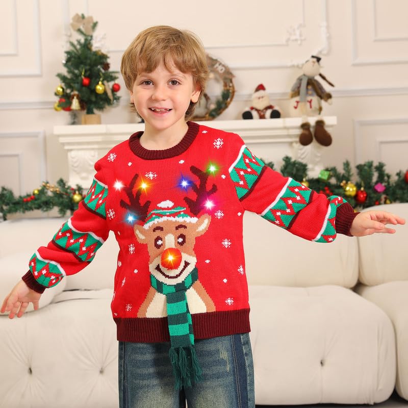 Maglione Natalizio Bambino con Luci, Maglioni Natalizi Bambini Divertenti, Girocollo Maglioncino Natalizio Famiglia Led Ugly Christmas Sweater,Brutti Maglioni di Natale per Bimbo/Bimba/Ragazza/Ragazzo