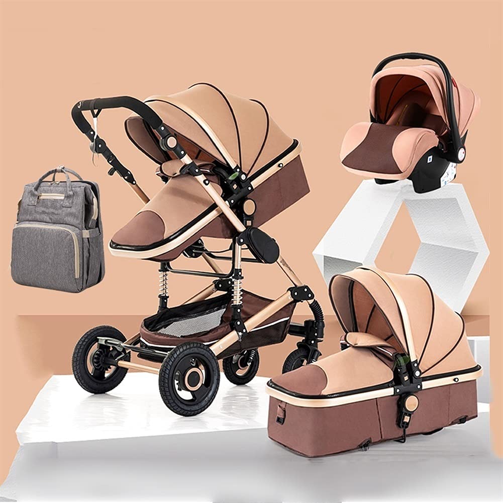 3 In 1 Baby Pushchair, Prams And Pushchairs From Birth，Lightweight Urban Compact Stroller Travel System, Baby Pushchairs and Strollers With Mommy, Bag, Carriage with Oversized Canopy (Color : Brown)