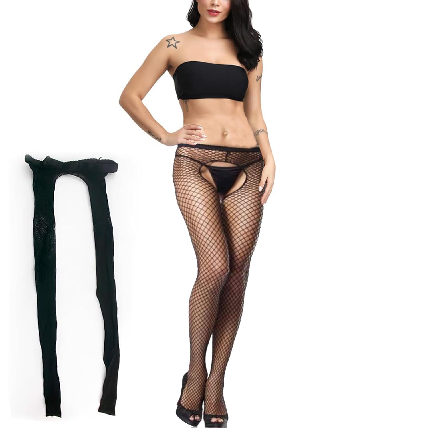 Calze A Rete Sexy Con Biforcazione Aperta - Donne, Nere, Autoreggenti, Per Cosplay O Serate