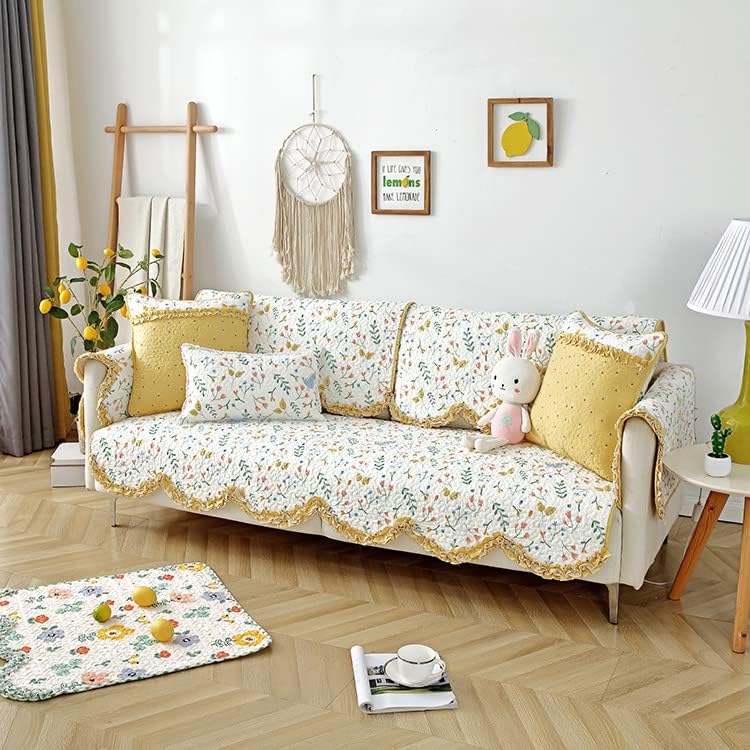 Printed Sofa Protector Anti-Slip Dustproof Cushion Pillow Cat Dog Anti-Scratch 1 2 3 4 Seaters, L Shape Sofa Cover(90 * 90cm, Yellow)