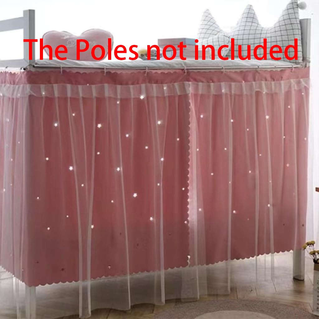 SCMTYWCQ 2PCS Hollow-Out Stars Dorm Home Solid Thicken Bunk Blackout Bed Curtains Cloth Bed Canopy with 2PCS Mosquito Net for Students Single Sleeper (Pink-1)