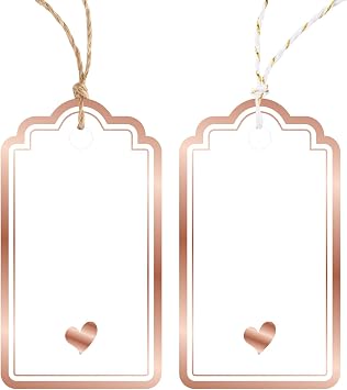 Gift Tags with String Attached - 100PCS Foil Rose Gold Heart Paper Tags White Blank Personalized Name Tag for Gift Bags Presents Birthday Wedding Valentines Day Christmas Decoration Rose Gold