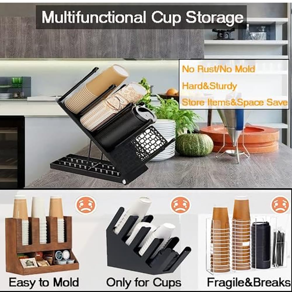 HEYOUTH Juego de 2 organizador de tazas de café desechables | Negro/Blanco con Cesta para Pajitas | 8 Alturas + 4 Niveles Extraíbles (100 Vasos) para Cafeterías y Oficinas