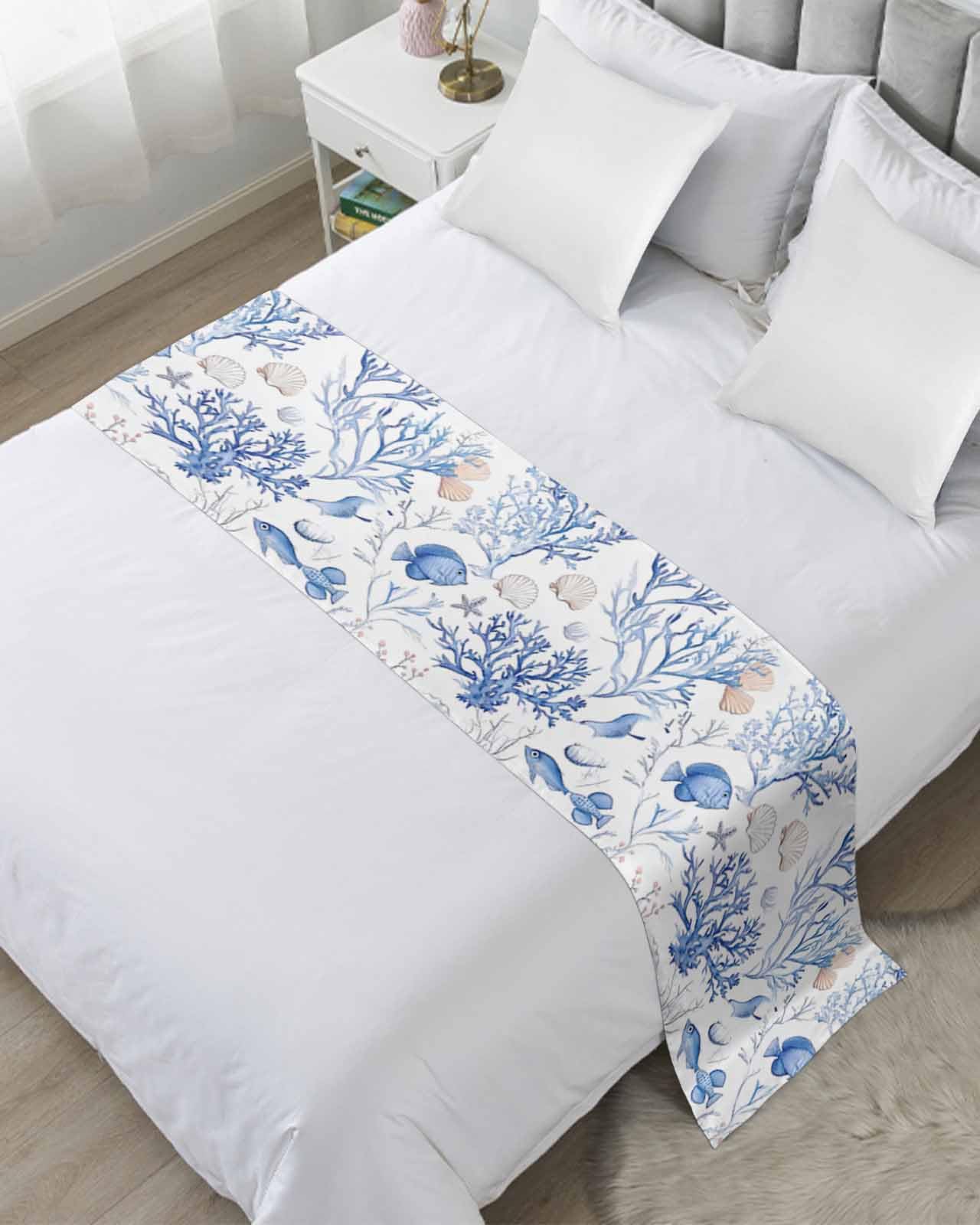 DecorLovee Blue Coastal Bed Runners for King Size Bed, Decorative Bed Throws for Foot of Bed, Summer Ocean Fish Shell Bed Runner Sofa Throw Bedding Scarf Protector Slipcover for Bedroom/Hotel