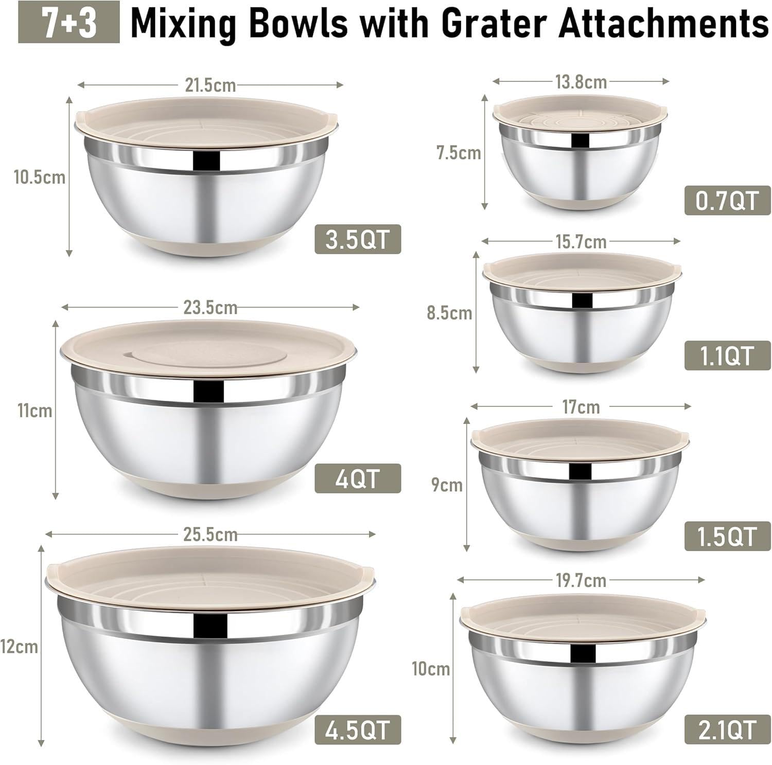 BEWOS Bol para Mezclar con Tapa de 7 piezas, Bol de Acero Inoxidable con Rallador, Diseño anidado y Colorida Base Antideslizante, Tamaños 0.5, 1, 1.4, 1.85, 2.35, 3.2, 4 L para Mezclar y Servir