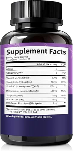 Miniatura 8 de Glicinato de magnesio 600 mg Vitamina D3 K2 Suplemento con zinc, L-teanina y melatonina - Apoyo óseo, energía y control del estado de ánimo, salud