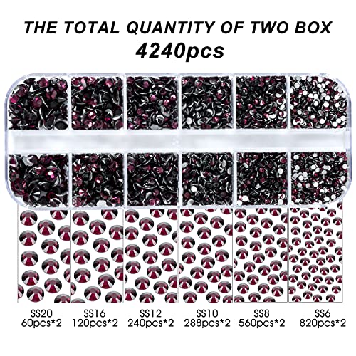 4240Pcs Flatback Maroon Rhinestones Glass Crystal Gems For Nail Art Eye Jewels Sparkly Round With Tweezers And Picking Pen (Ss6~Ss20 Set) #TOP2