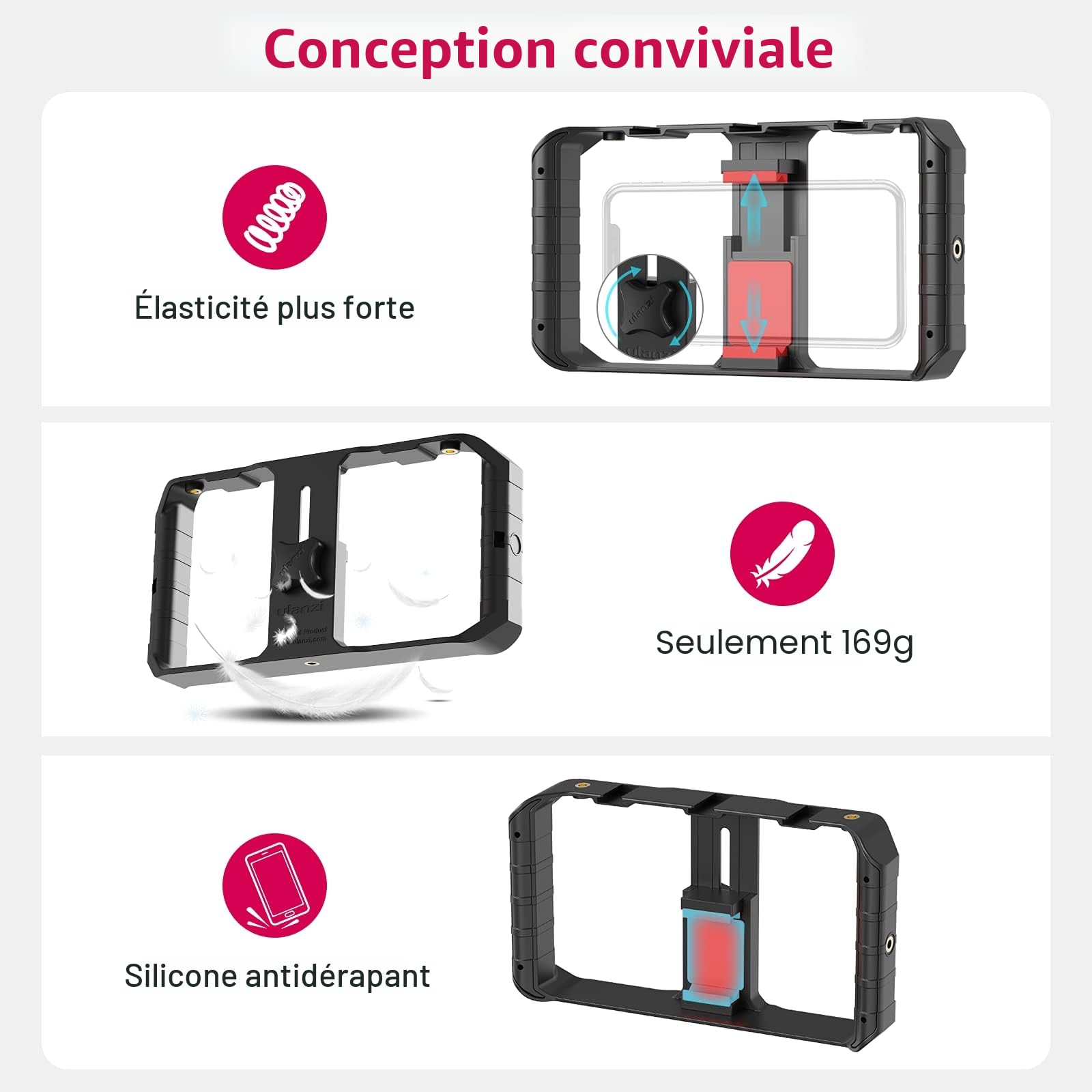 ULANZI U-Rig Pro Vidéo Rig Handheld, Stabilisateur Smartphone iPhone, Stabilisateur Appareil Photo avec 3 Cold Shoe Mounts, Grip Telephone Accessoire pour iPhone Samsung Huawei Phone Youtubeur
