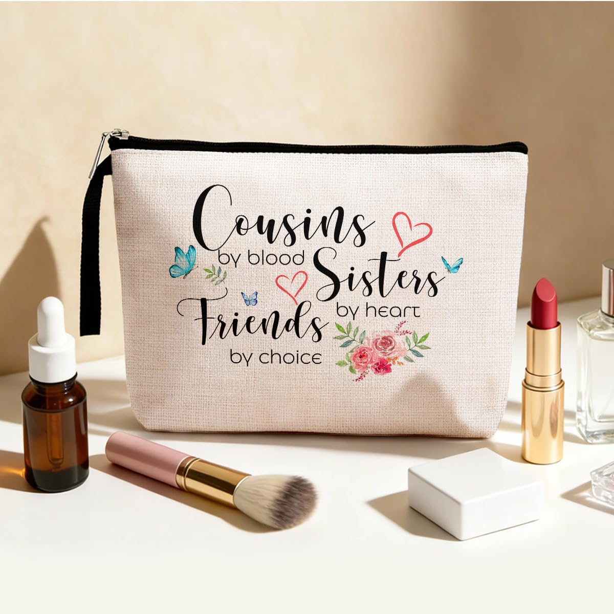 Cousin Gifts for Women, Cousin Birthday Gift Cousins by Blood, Sisters by Heart, Friends by Choice hanksgiving Christmas Graduation Wedding Gifts for Women, Girl, Her Cousin Makeup Bag