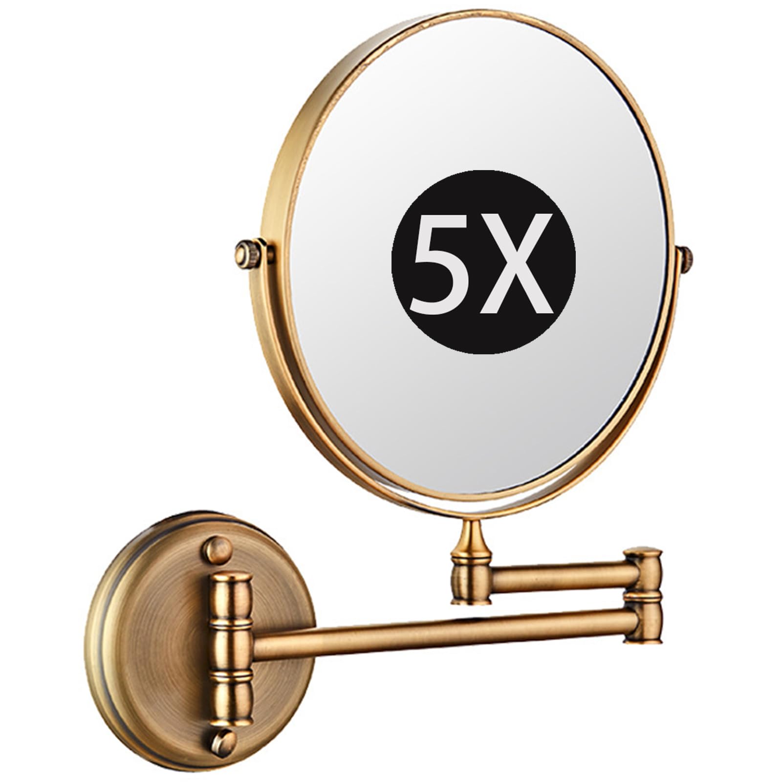 SXFSDOU 8" Wall Mounted Makeup Mirror with Magnification, Double Sided Magnifying Mirror, Rotatable Extendable Bathroom Shaving Vanity Mirror,Brass,5X