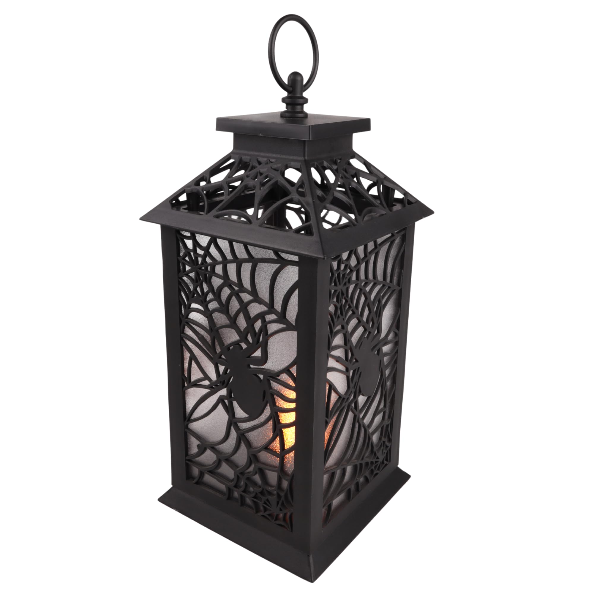 Black Halloween Flickering Lantern, Spider Web Silhouette Light Up Decor, 11.7 Inches