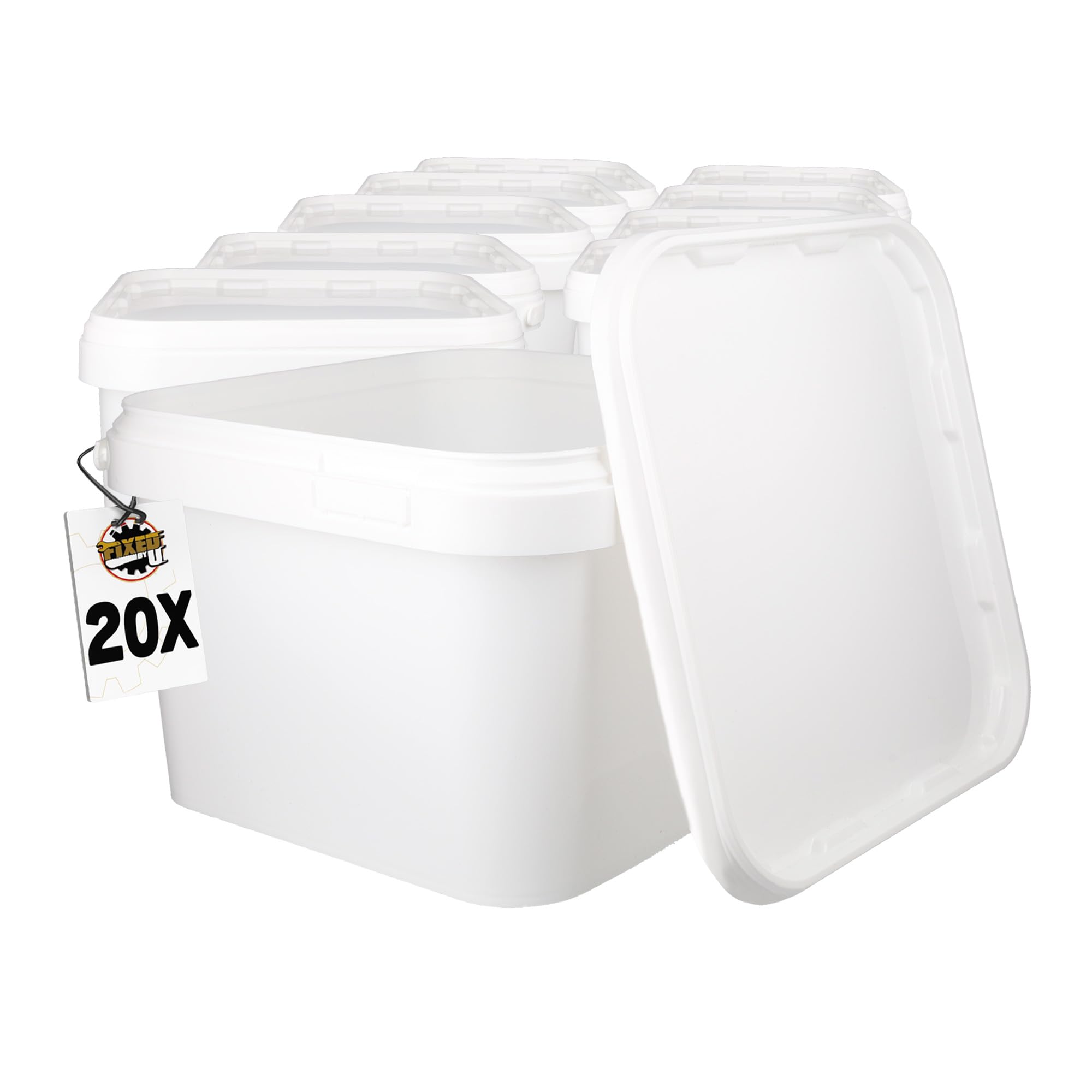 20 Buckets with Lid, 3 L, White, Square, Plastic Bucket, Food-Safe, Airtight and Stable, Empty Bucket with Handle and Lid for Food, Chemistry, Washing Powder, Adhesives
