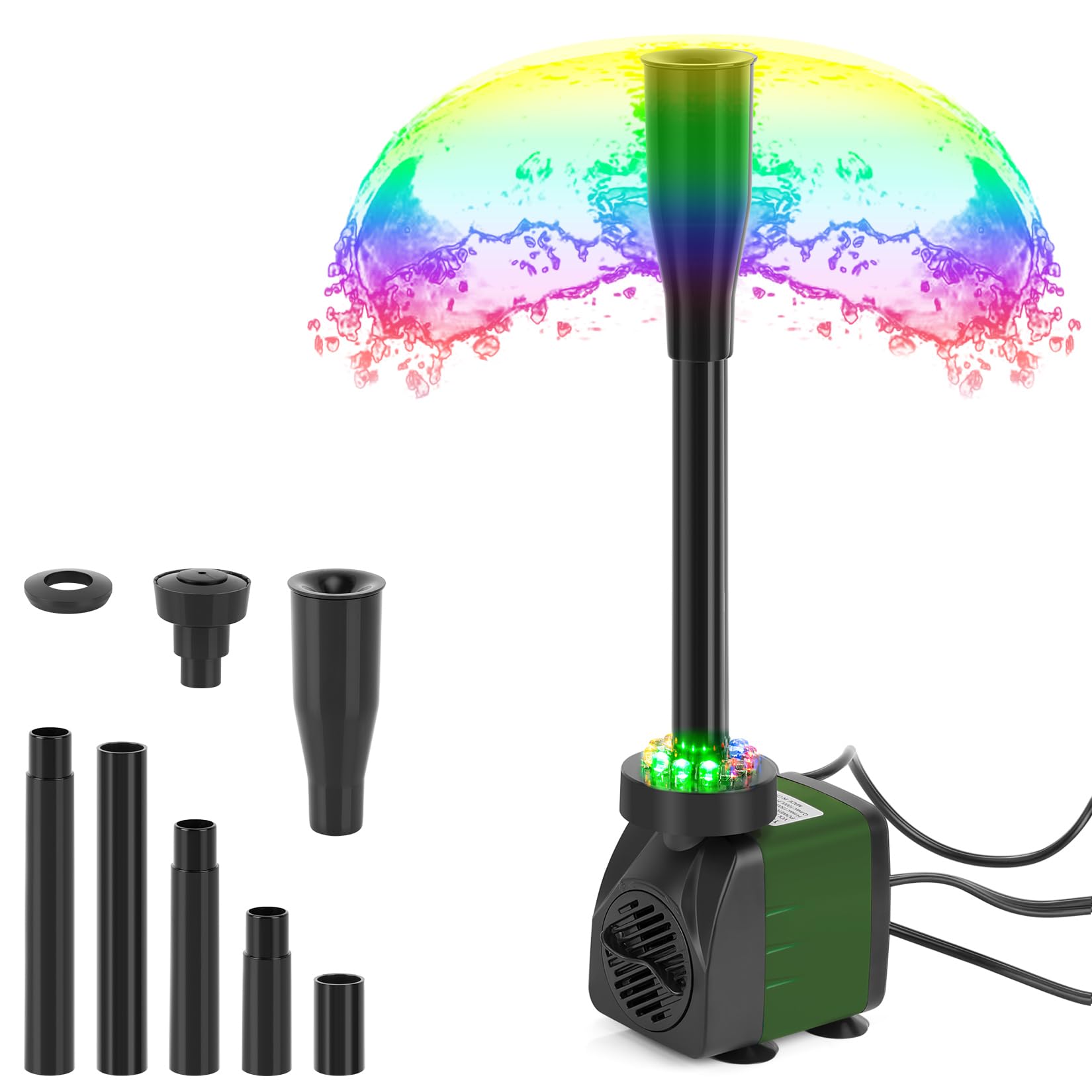 15W 256GPH Submersible Pond Fountain Pump with 12 Colorful LED Light,7.2ft Water Pump, Aquarium Fountain Pump for Small Pond,Garden, Aquariums, Fish Tanks, Indoor Outdoor Fountain 3 Type Nozzles Green