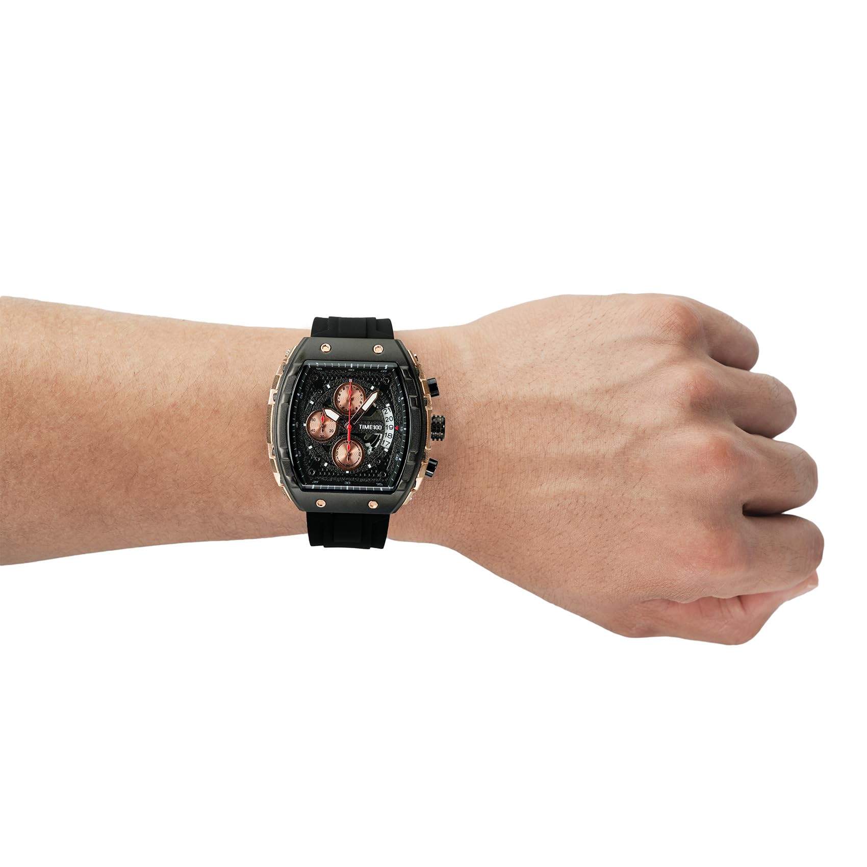 TIME100 Zegarek dla mężczyzn Chronograf Kalendarz Kwadratowa Twarz Świecący Styl Punkowy Wielofunkcyjny Pod-Tarcza Męski Szkielet Tonneau Zegarek Regulowany Silikonowy Pasek, Czarne i różowe złoto,