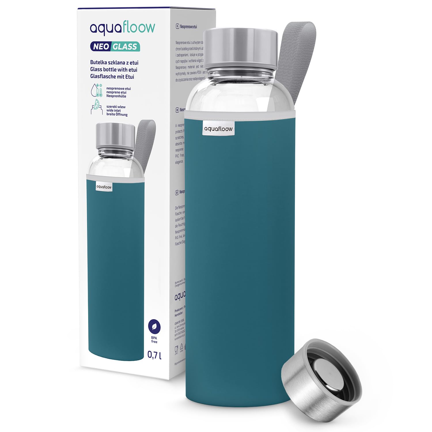 Aquafloow Borraccia con Custodia 700 ml, in Vetro borraccia acqua Borosilicato Trasparente con Coperchio Protettivo e Tappo a Vite, Ideale per Lavoro, Scuola, Fitnes – Bleu foncé