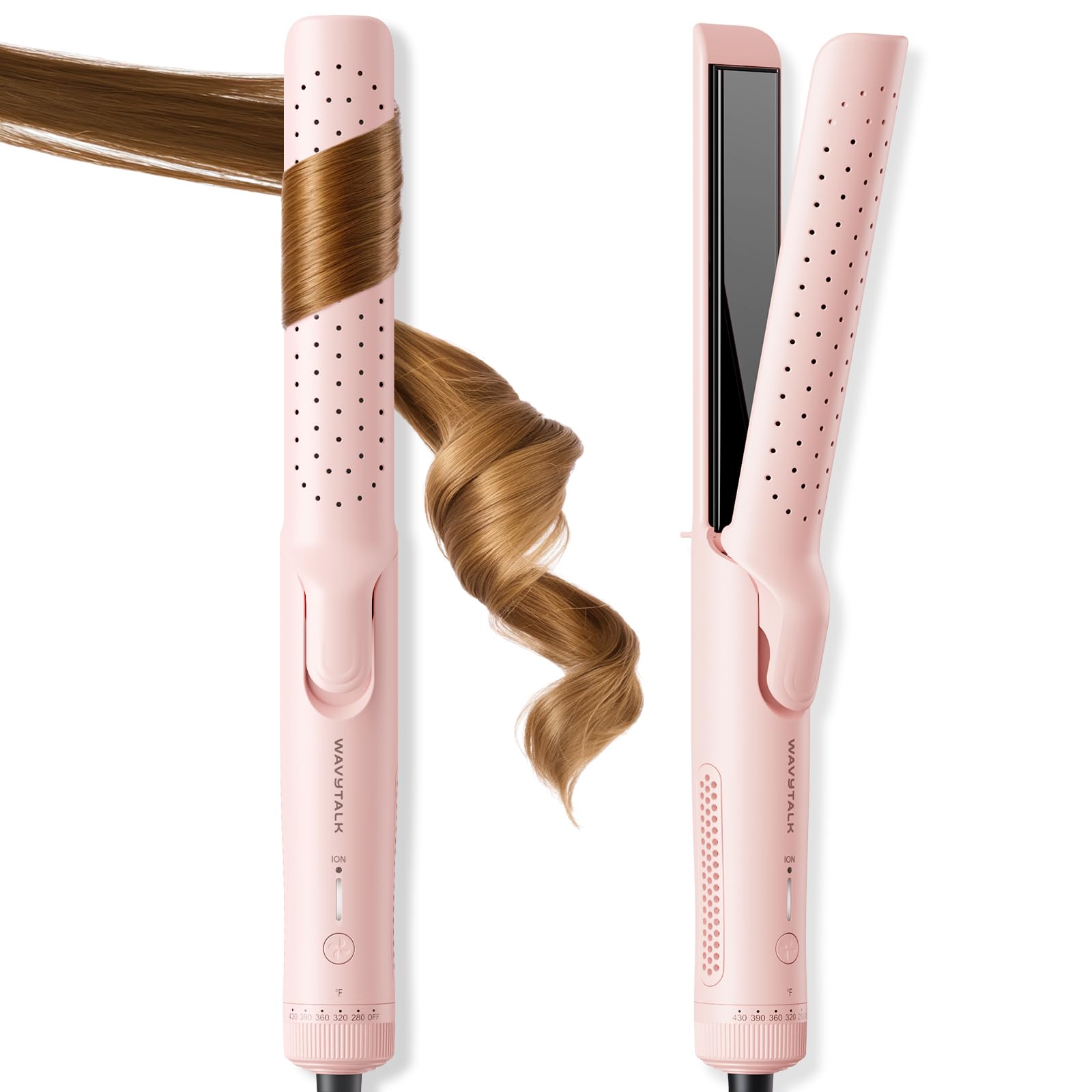 wavytalkAirflow Styler Curling Iron, Cool Curl, 360° Cool Air Lock in Style for Lasting Curls, Reduces Damage, 2 in 1 Hair Straightener and Curler, 1.25 Inch Anti-Scald for Short Long Hair, Pink