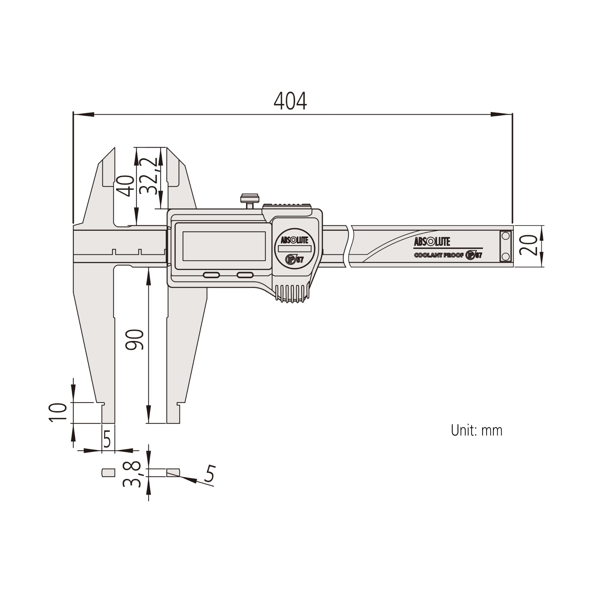 Digital ABS Messschieber, Schnabel-/Std. Messflächen, IP67, 0-300 mm | 0,01 mm, lange Messschenkel, Datenausgang