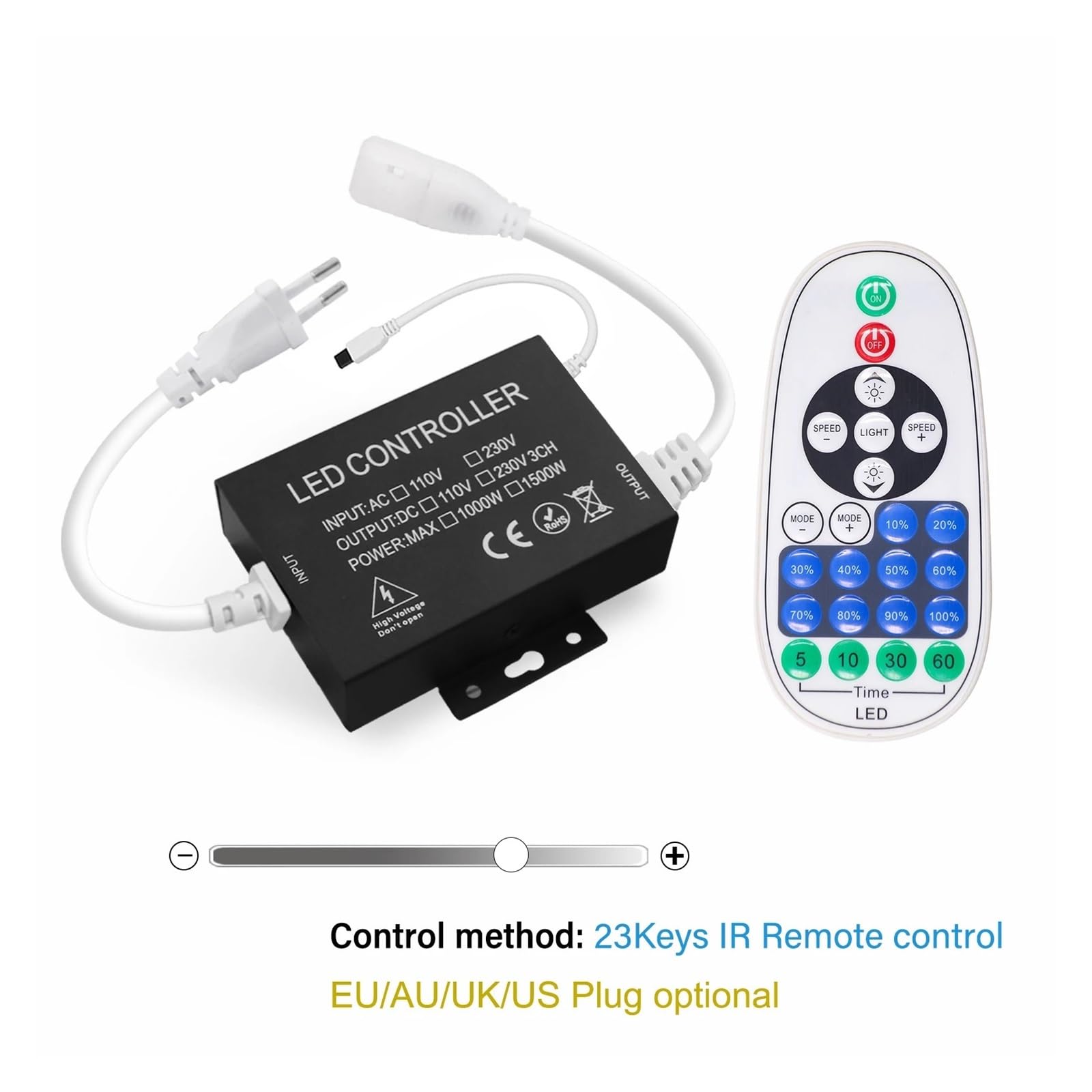Controlador regulador de intensidad LED, Control remoto táctil de pared, adecuado for PCB de 8mm, AC110V/220V, 288Leds/m, 3000K, 4000K, 6000K, tira de luces COB(23Keys IR Dimmer,220V UK Plug)