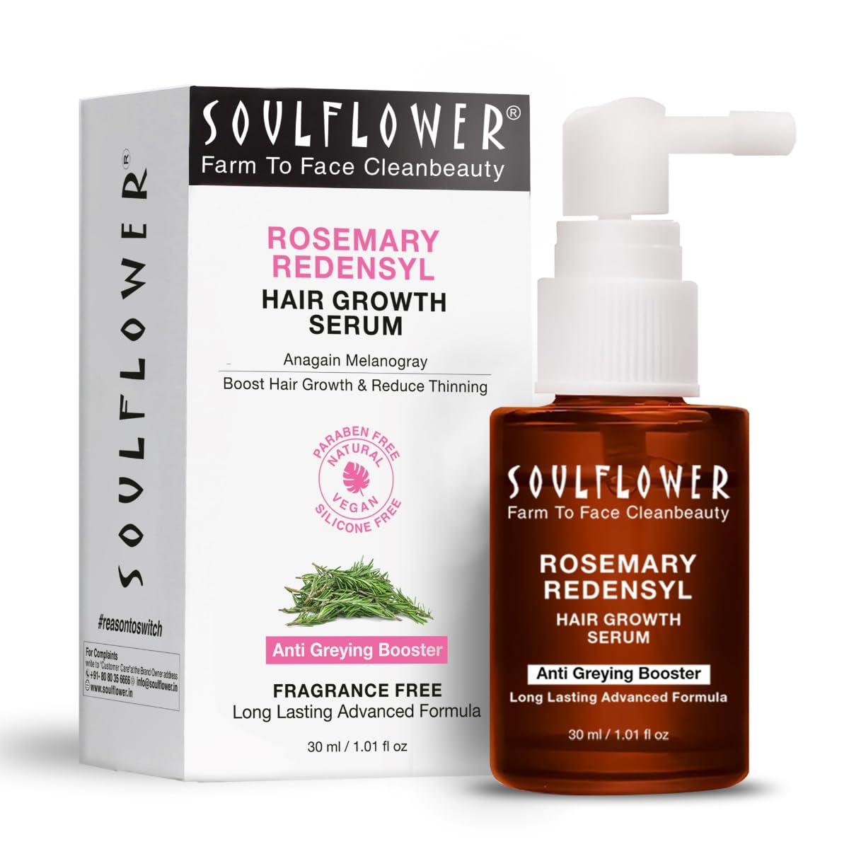 Soulflower Hair Growth Serum, Rosemary Oil, 3% Redensyl, 4% Anagain, Caffeine, Melanogray, Biotin, Rice Water, Clinically Tested on Real people, Hair growth & Hair fall control for Women & Men | 30ml