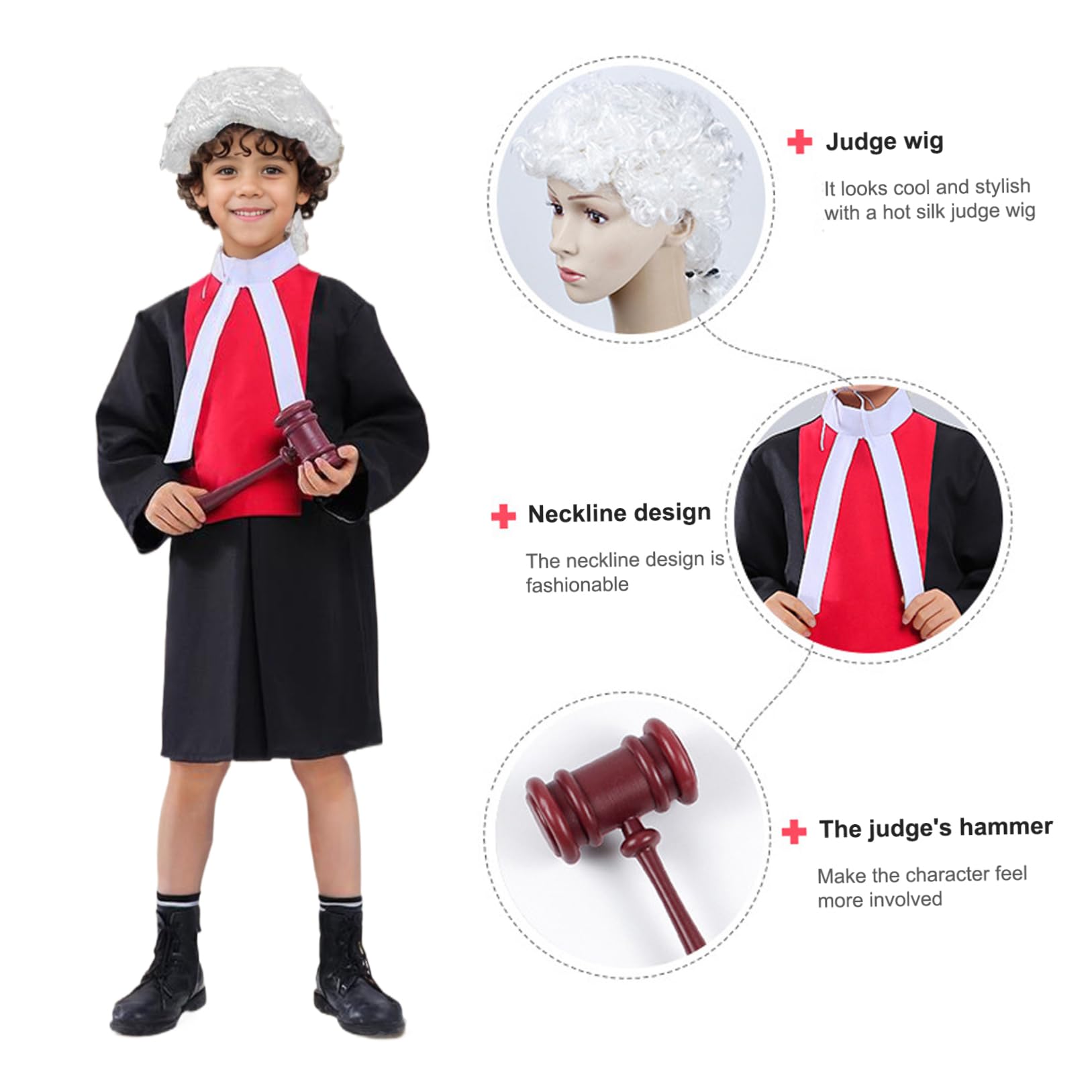 1 juego de disfraz de Halloween para niños, incluye bata de juez con cuello, mazo y peluca, disfraces de cosplay para niños